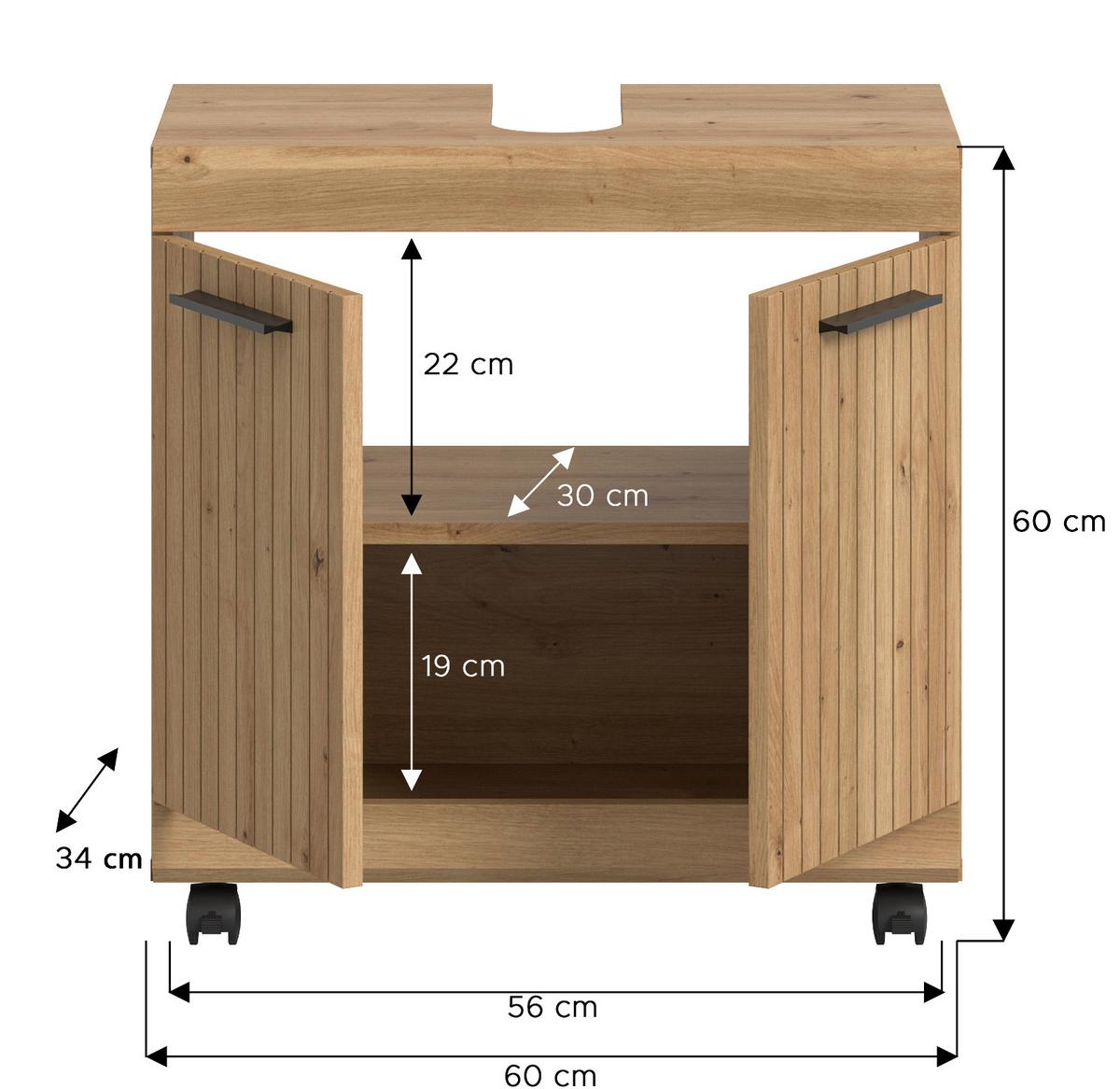 WASCHBECKENUNTERSCHRANK Eiche Artisan 60 cm, Badezimmer Unterschrank auf Rollen - Schwarz/Eiche Artisan, Holzwerkstoff/Kunststoff (60/60/34cm) - Inn.Furn