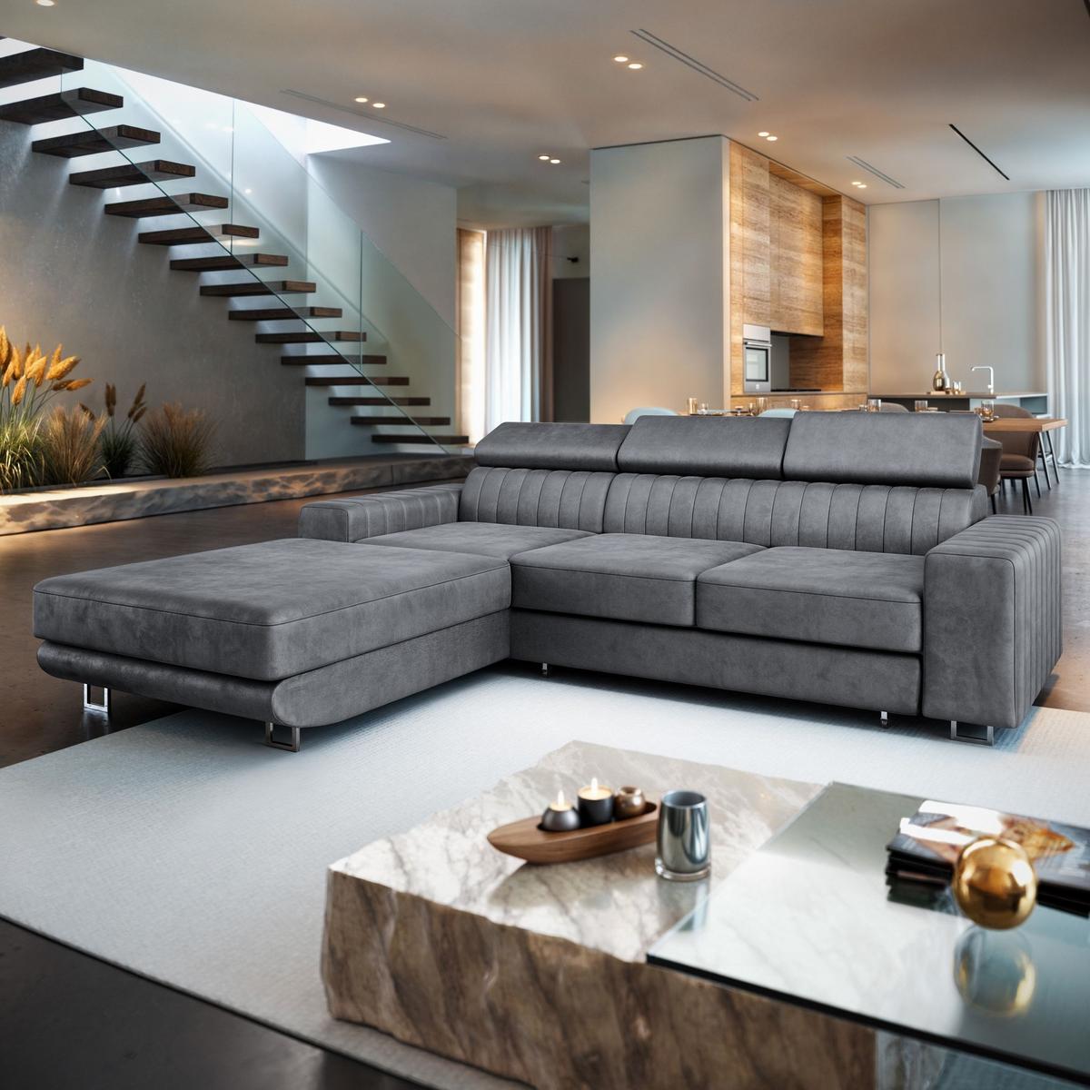 ECKSOFA NOTO L-S Grau Velours-Stoff mit Schlaffunktion - Silberfarben/Grau, Holz/Textil (267/190cm) - MASSENO