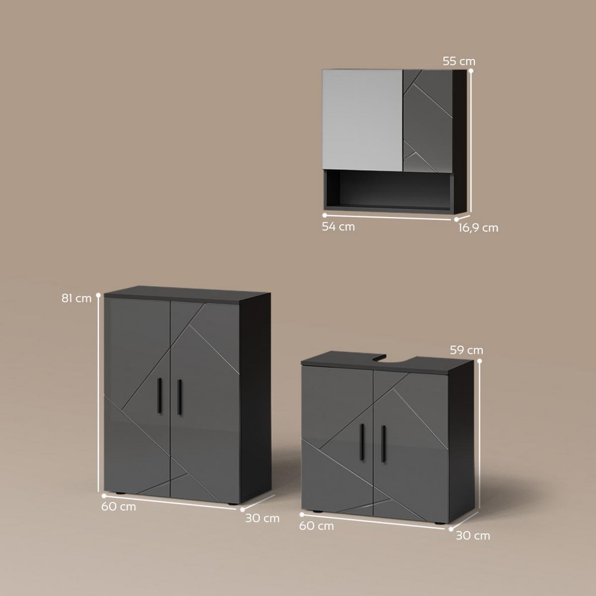 BADMÖBEL-SET Ronco Anthrazit Hochglanz 3 Teile, mit Unterschrank 60 cm - Schwarz Hochglanz, Holzwerkstoff (60/81/30cm) - Livinity®