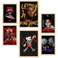 POSTER Set Mit 6 Grafiti Pop King James Jordan Nike Basquiat Kobie A3 & A4 Rahmen Aus Hellem Holz - Beige, Papier (29/3cm) - Nacnic