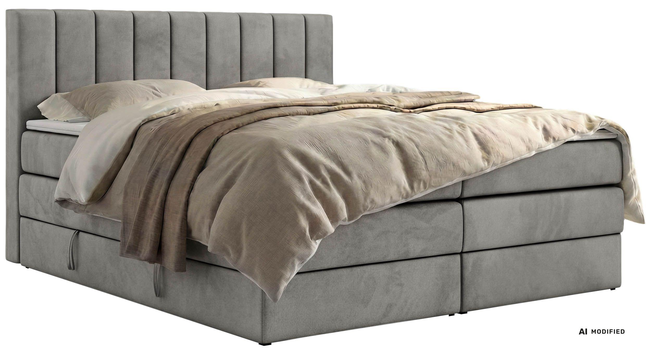 BOXSPRINGBETT ALVER KING 140/200 - Hellgrau Velvet - Topper T25 - H3 - Hellgrau/Schwarz, Kunststoff/Textil (140/200cm) - MKS