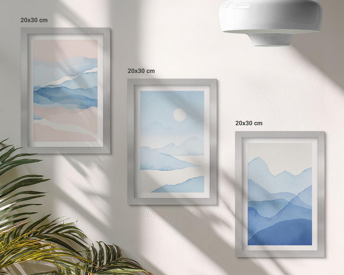 BILDER SET 3er Set - 20x30 cm Silberner Rahmen - Aquarell: Blau-rosa Berge - Silberfarben, Kunststoff (20/30cm) - TULUP