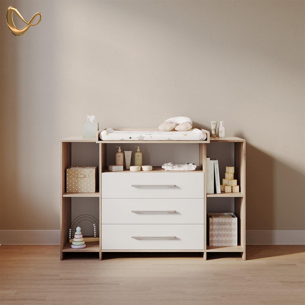 WICKELKOMMODE Torino Weiß/Sonoma XL mit Schubladen - Weiß/Sonoma Eiche, Holzwerkstoff (143/100/70cm) - Livinity®
