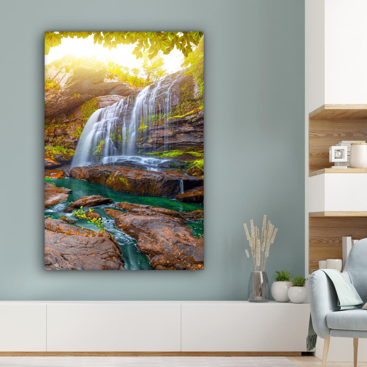 LEINWANDBILD Natur - Wasserfall - Pflanzen - Bäume - Sonne Deko XXL 80x120 cm - Olivgrün, Textil (80/120cm) - MuchoWow