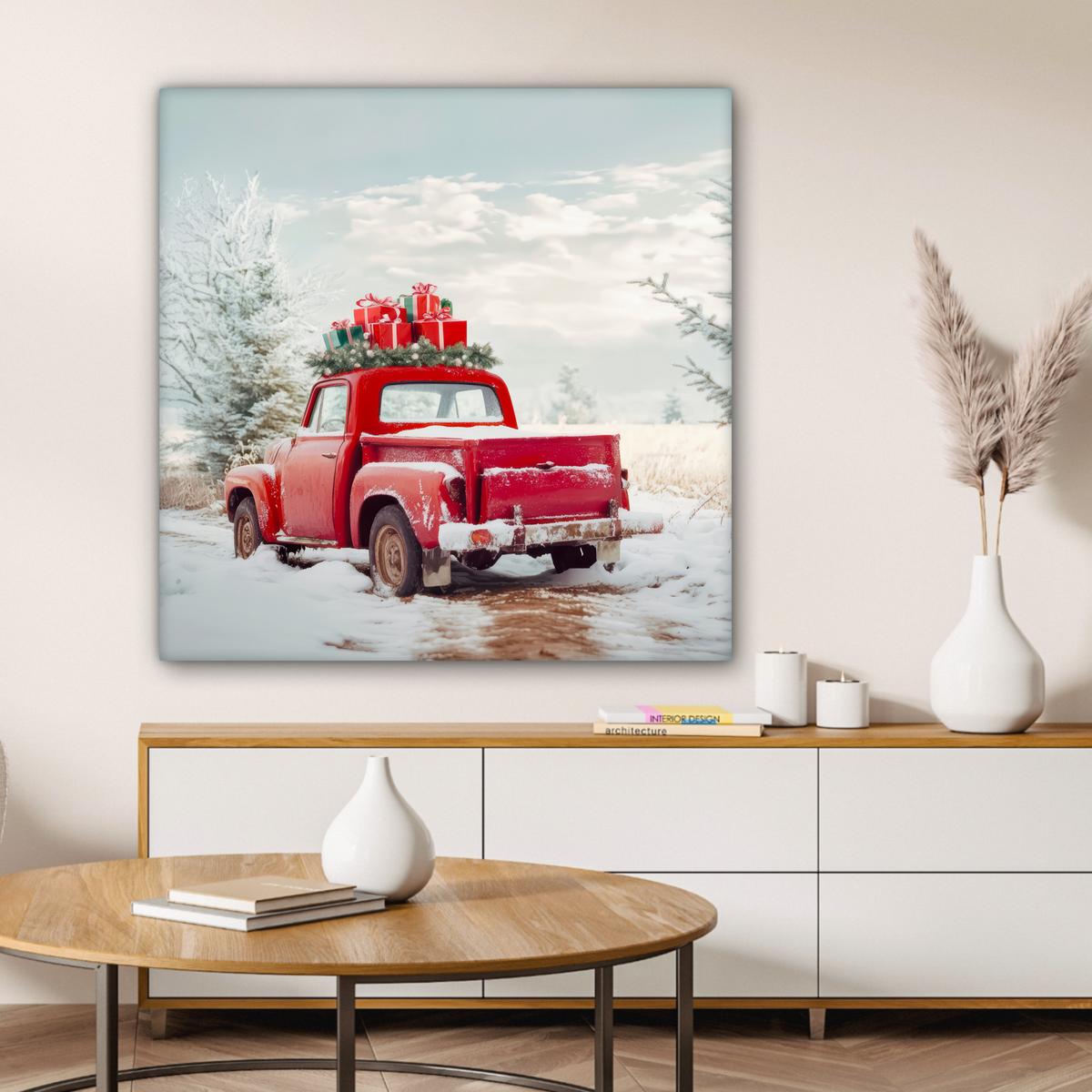 LEINWANDBILD Auto - Rot - Geschenke - Winter - Schnee - Weihnachten Deko Groß 90x90 cm - Rot, Textil (90/90cm) - MuchoWow