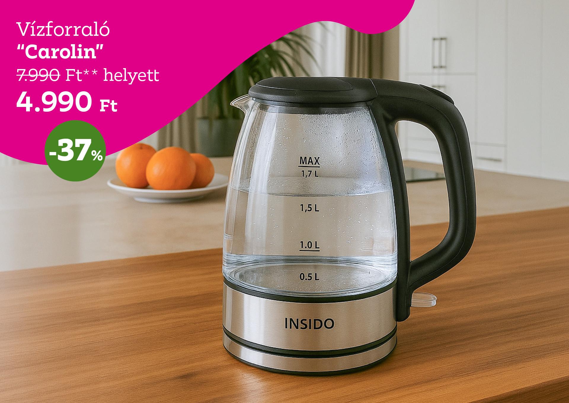 Vízforraló CAROLIN 7990 Forint helyett 4990 Forint, kedvezmény mértéke 37%