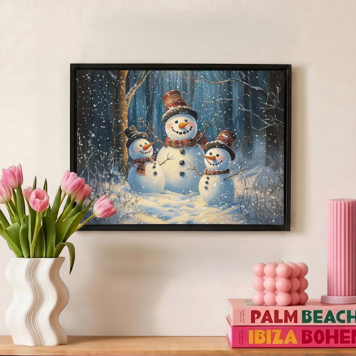 LEINWAND Bilder mit Rahmen - Schneemann - Schnee - Winter - Wald - 40x30 - Hellblau, Textil (40/30cm) - MuchoWow
