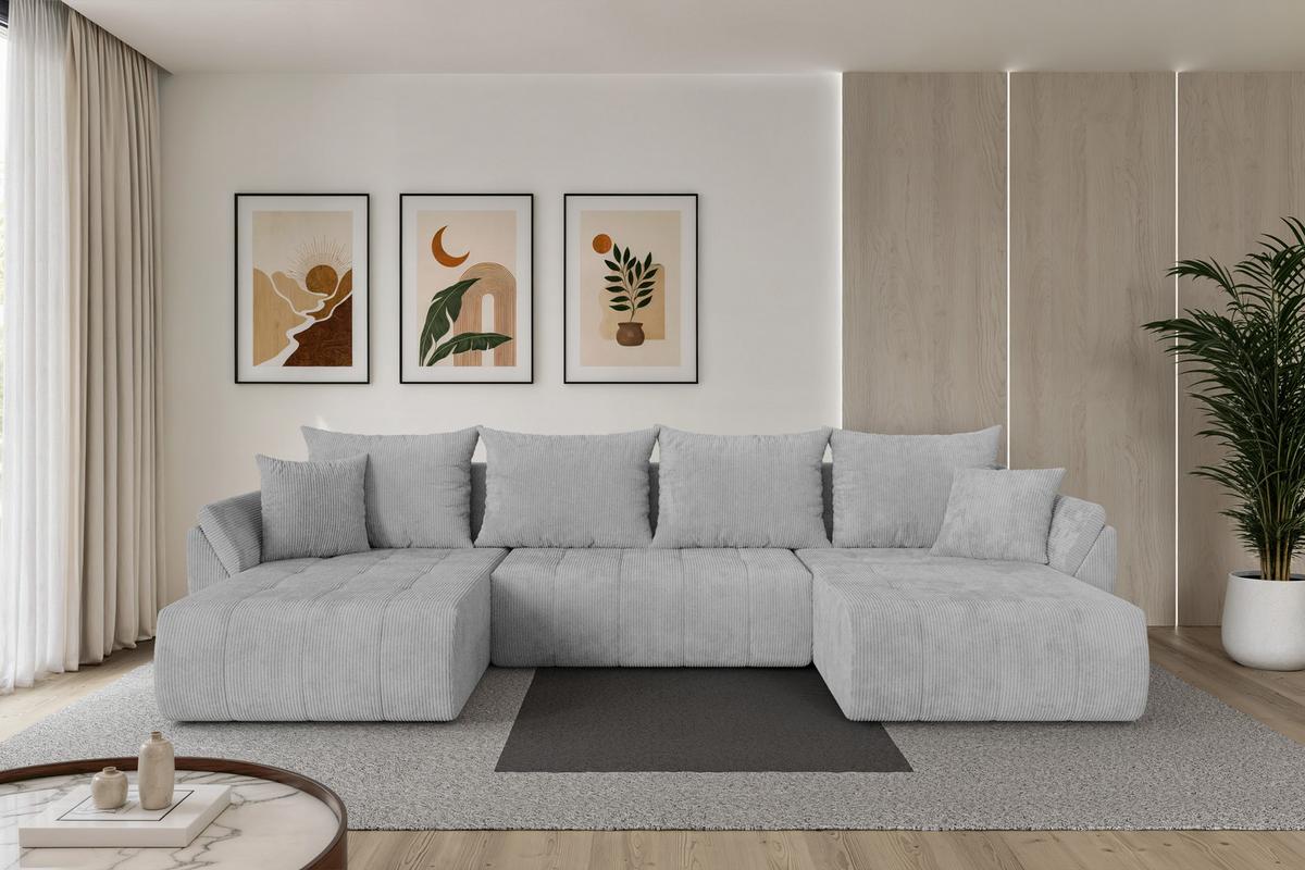 WOHNLANDSCHAFT mit Schlaffunktion und Bettkasten TOKO-U 378x194x86 Grau Cord - Schwarz/Grau, Holzwerkstoff/Kunststoff (378/86/194cm) - ALTDECOR