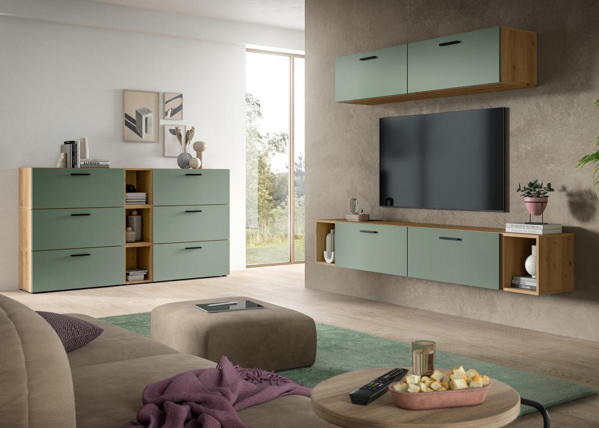 SIDEBOARD grün, Eiche Artisan 277 cm, Kommode mit Soft-Close - Schwarz/Eiche Artisan, Holzwerkstoff/Kunststoff (277/65/34cm) - Inn.Furn