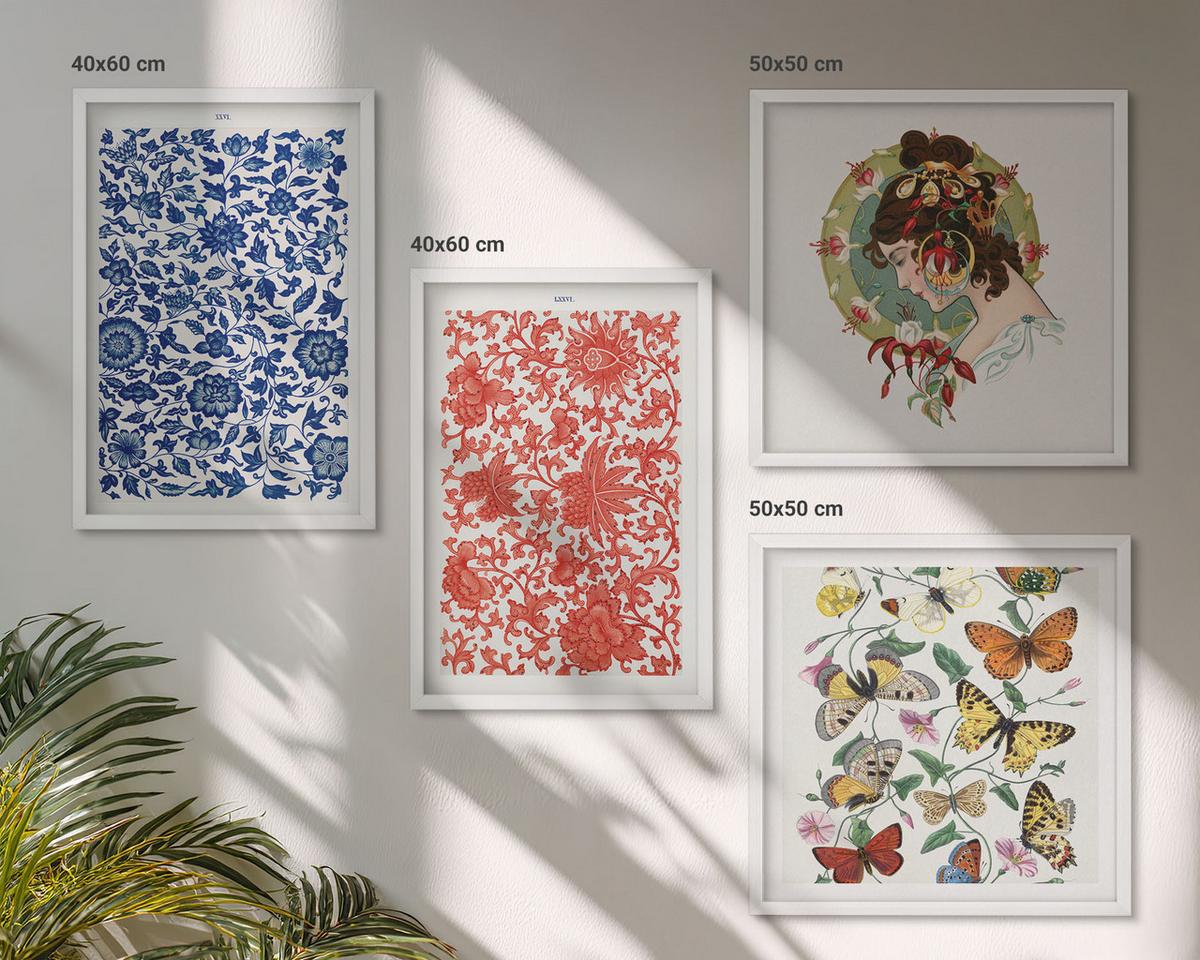 BILDER SET 4er Set - 50x50 cm & 40x60 cm Weißer Rahmen - Vintage-Blumen-Schmetterlings-Ornamente - Weiß, Kunststoff (50/50cm) - TULUP