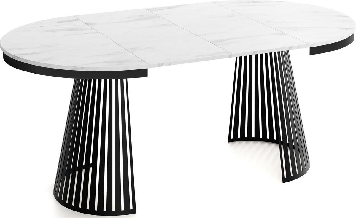 ESSTISCH Naro rund ausziehbar mit Schwarzem Lamellen-Metallgestell, Marmor Weiß 100-180/100/76 cm - Ecru/Schwarz, Holzwerkstoff/Metall (100/176/76cm) - WFL GROUP