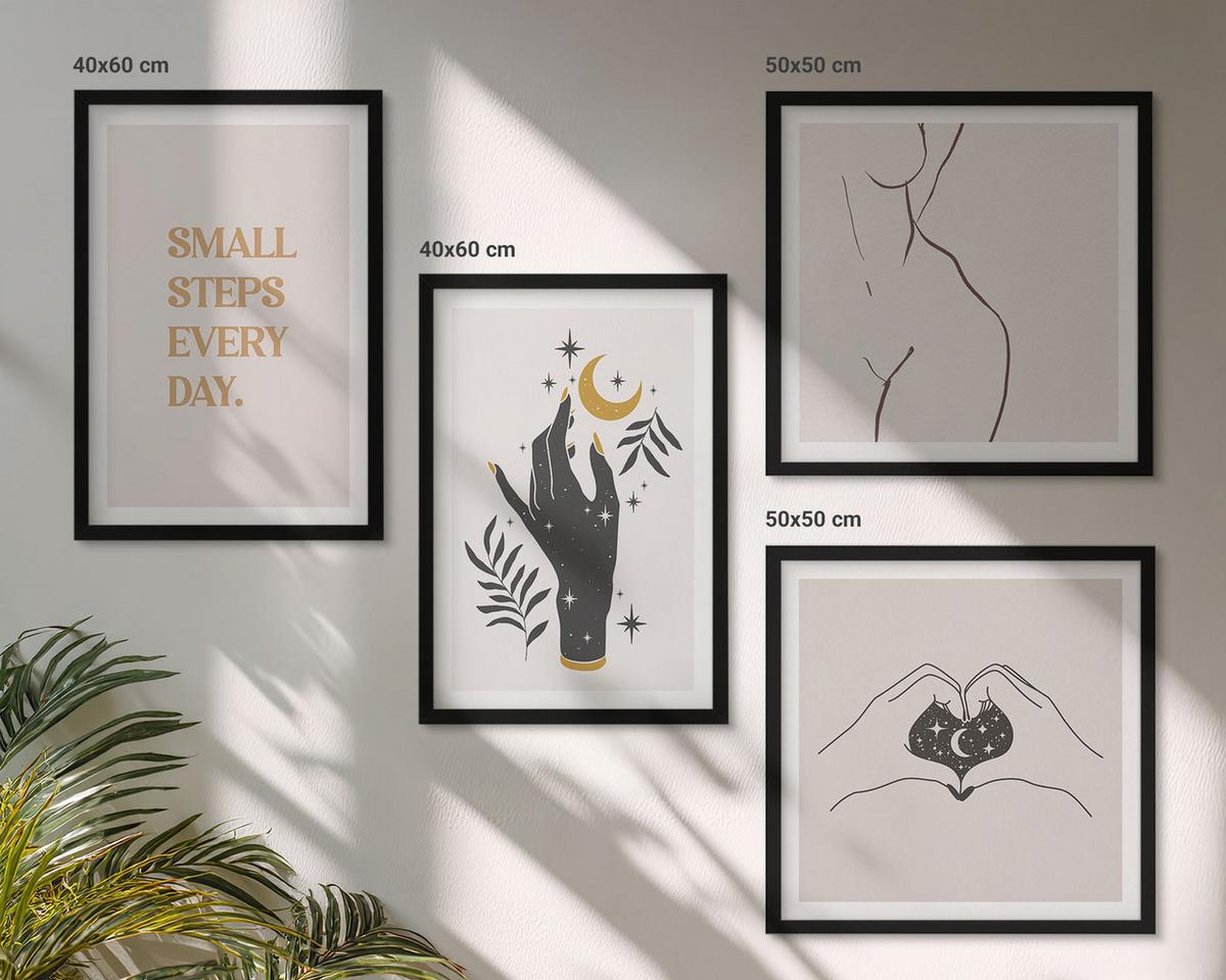 BILDER SET 4er Set - 50x50 cm & 40x60 cm Schwarzer Rahmen - Minimalistische Boho-Illustrationen - Schwarz, Kunststoff (50/50cm) - TULUP