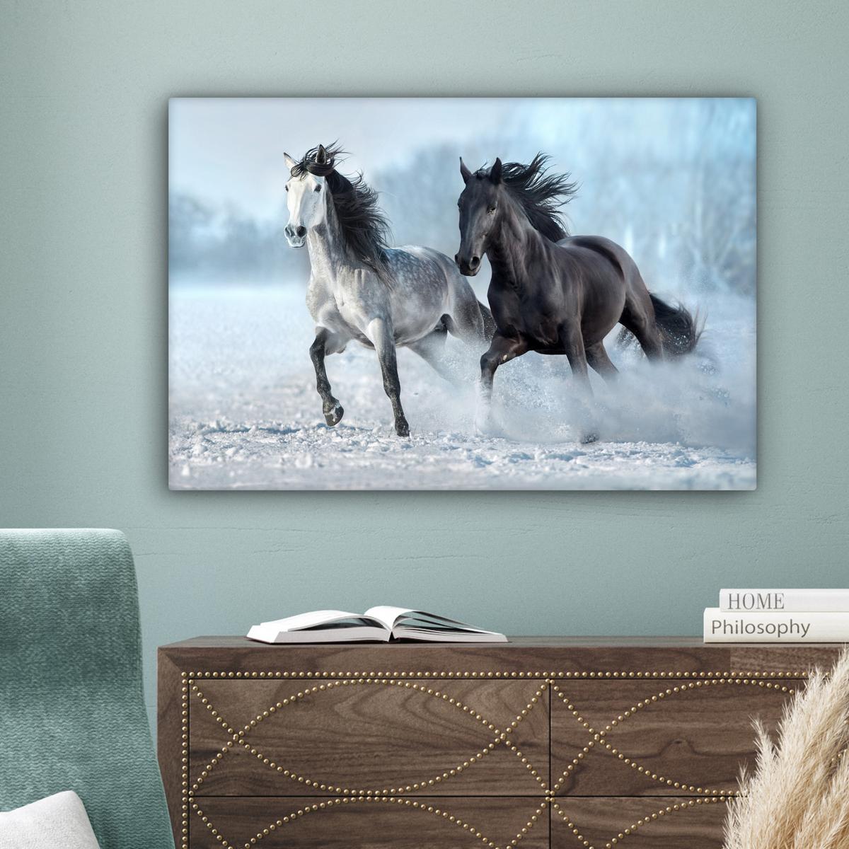 LEINWANDBILD Pferde - Winter - Tiere - Natur - Schnee Gemälde 60x40 cm - Anthrazit, Textil (60/40cm) - MuchoWow
