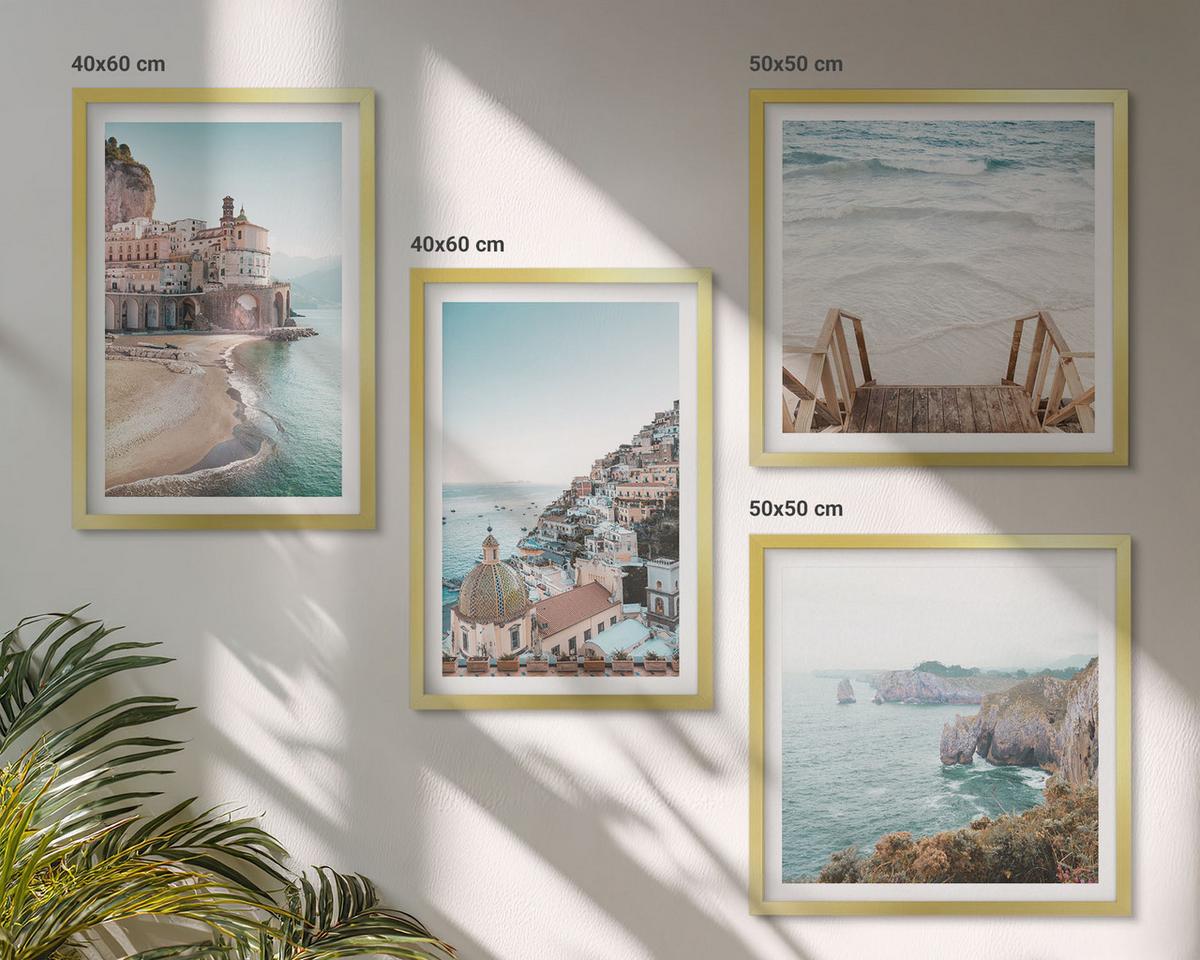BILDER SET 4er Set - 50x50 cm & 40x60 cm Goldrahmen - Sommerliche Strandansichten in Pastellfarben - Goldfarben, Kunststoff (50/50cm) - TULUP