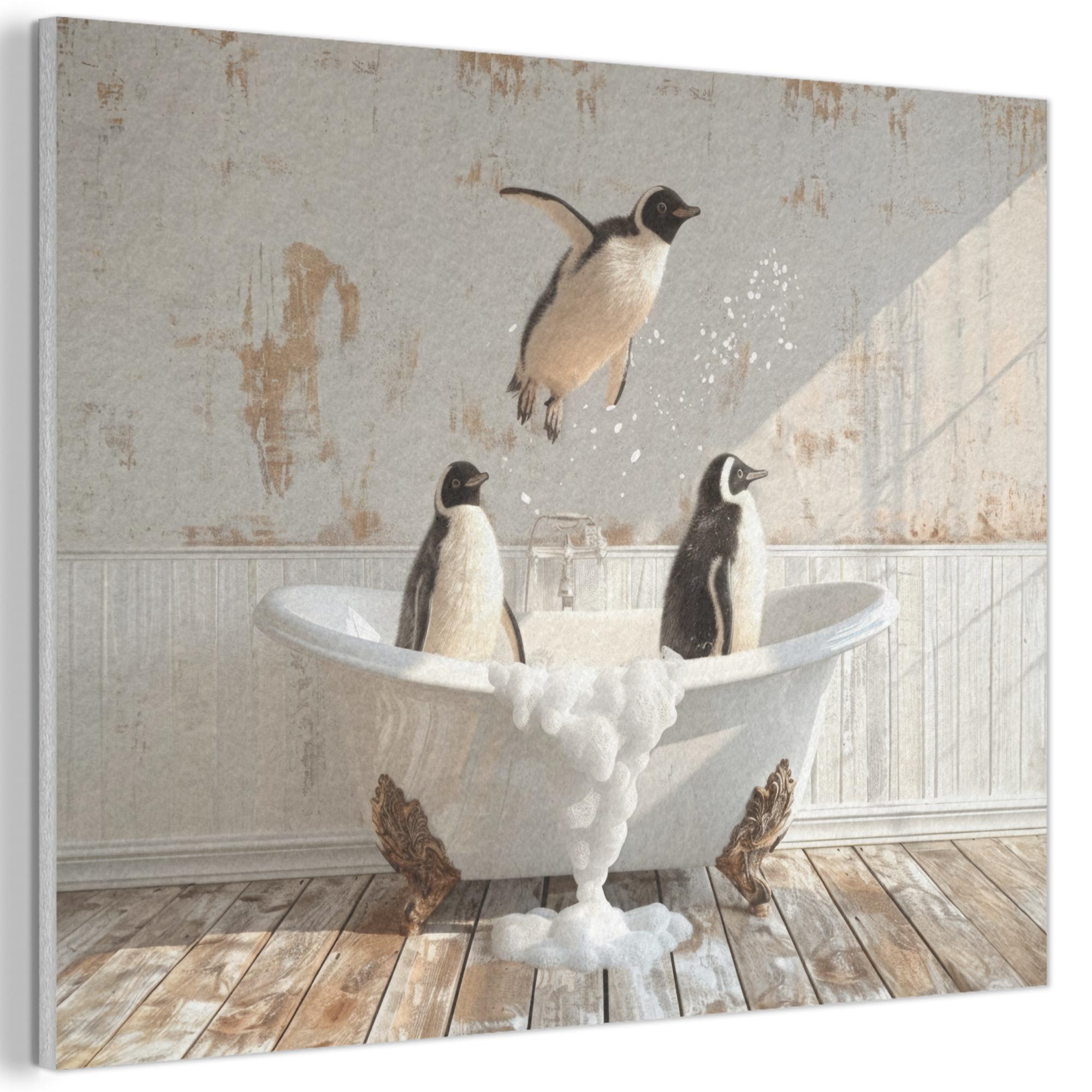 AKUSTIKBILD Vintage - Pinguin - Badewanne - Schaumstoff Gemälde 80x60 cm - Schwarz, Kunststoff (80/60/0.9cm) - MuchoWow