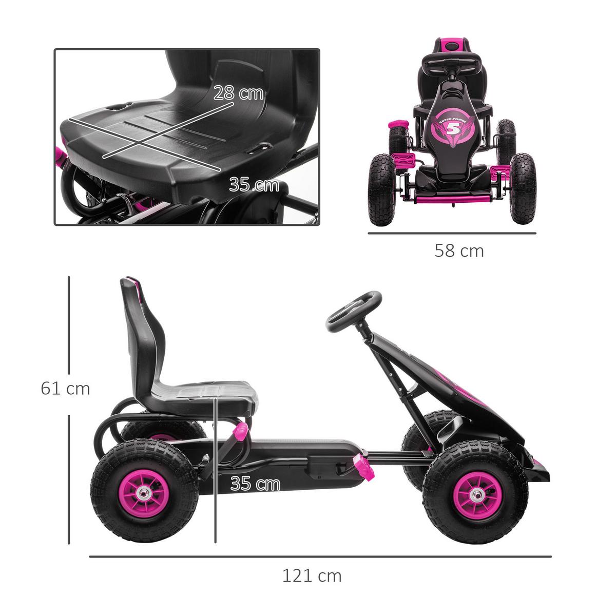 GOKART, Kinderfahrzeug mit verstellbarem Schalensitz, Tretauto, Rosa - Rosa, Metall (121/58/61cm) - HOMCOM