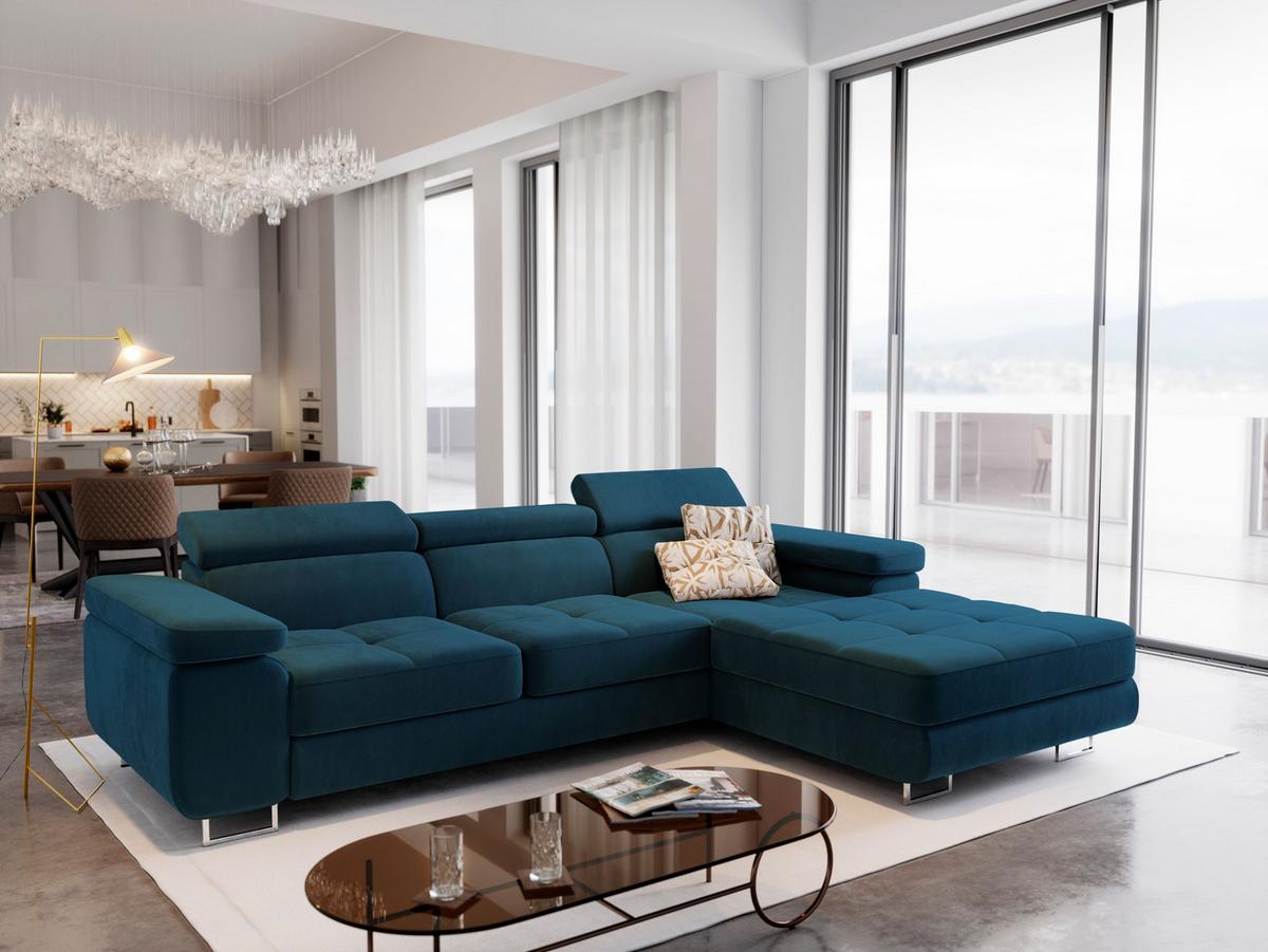 ECKSOFA ELMA R-S Blau Velours-Stoff mit Schlaffunktion - Blau/Silberfarben, Holz/Textil (280/205cm) - MASSENO