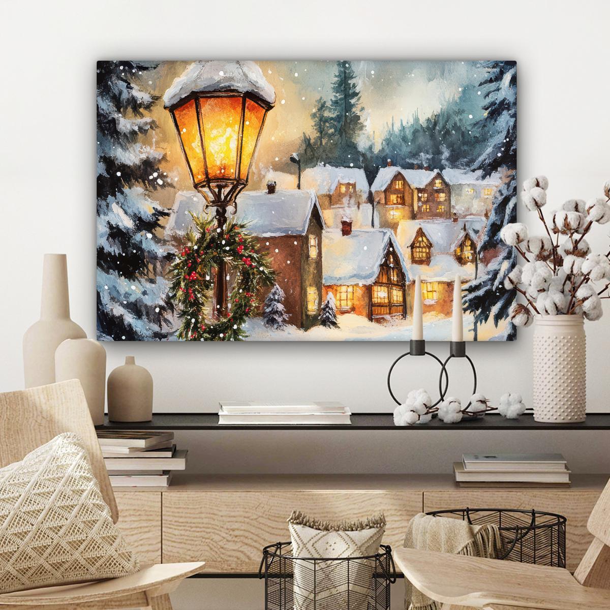 LEINWANDBILD Weihnachtsdorf - Häuser - Schnee - Weihnachten Gemälde 60x40 cm - Sandfarben, Textil (60/40cm) - MuchoWow