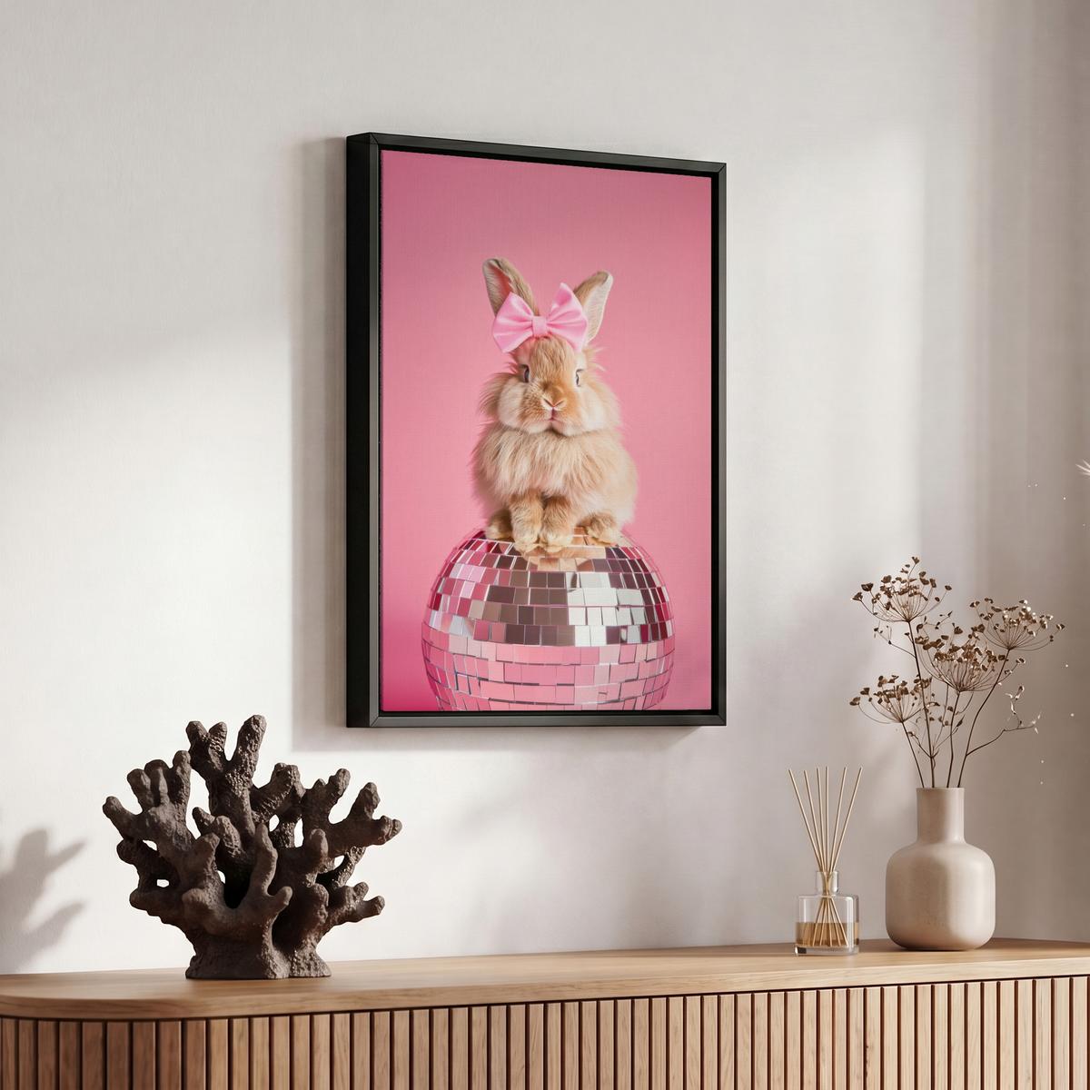LEINWAND Bilder mit Rahmen - Schleife - Discoball - Kaninchen - 20x30 - Pink, Textil (20/30cm) - MuchoWow