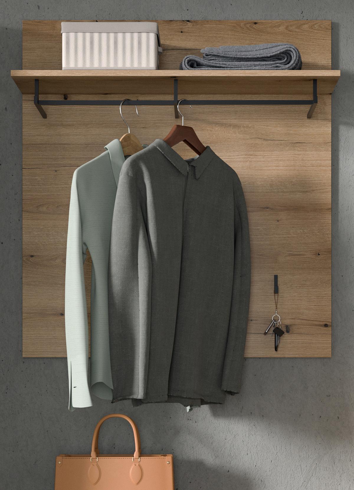 GARDEROBENPANEEL Evoke Eiche 90 cm, Flurgarderobe mit Kleiderstange - Eichefarben, Holzwerkstoff/Metall (90/98/27cm) - Inn.Furn
