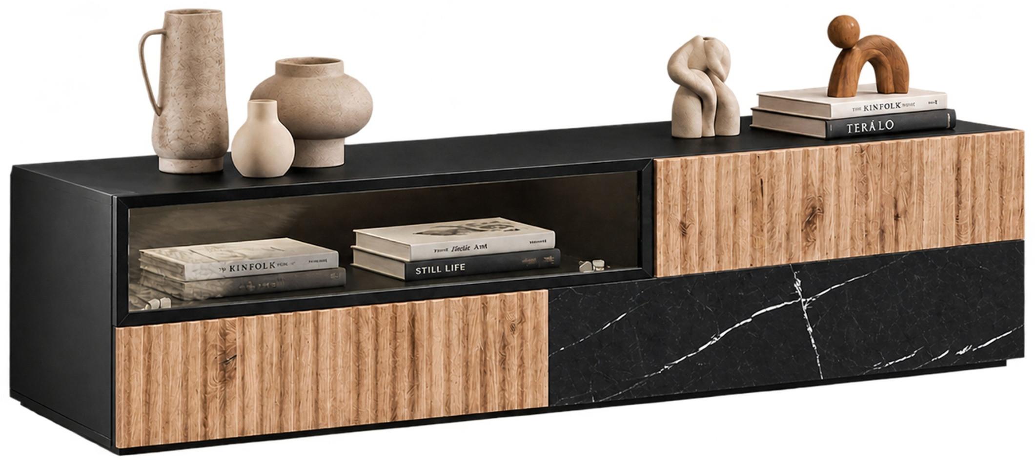 TV-LOWBOARD schwarz, Vicking Eiche, Marmor schwarz 160 x 42 cm, TV Unterteil mit Push-to-Open - Eichefarben/Schwarz, Holzwerkstoff/Kunststoff (160/42/45cm) - Inn.Furn