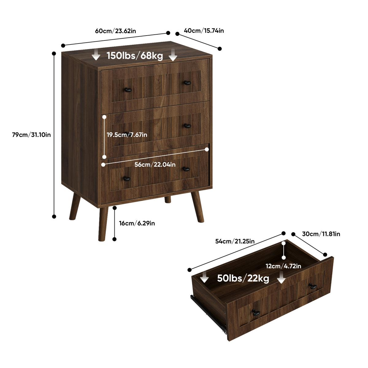 SIDEBOARD walnuss-optik & rillen-design mit 3 schubladen & massivholzbeinen - Walnussfarben, Holzwerkstoff (60/78/40cm) - Urban Meuble
