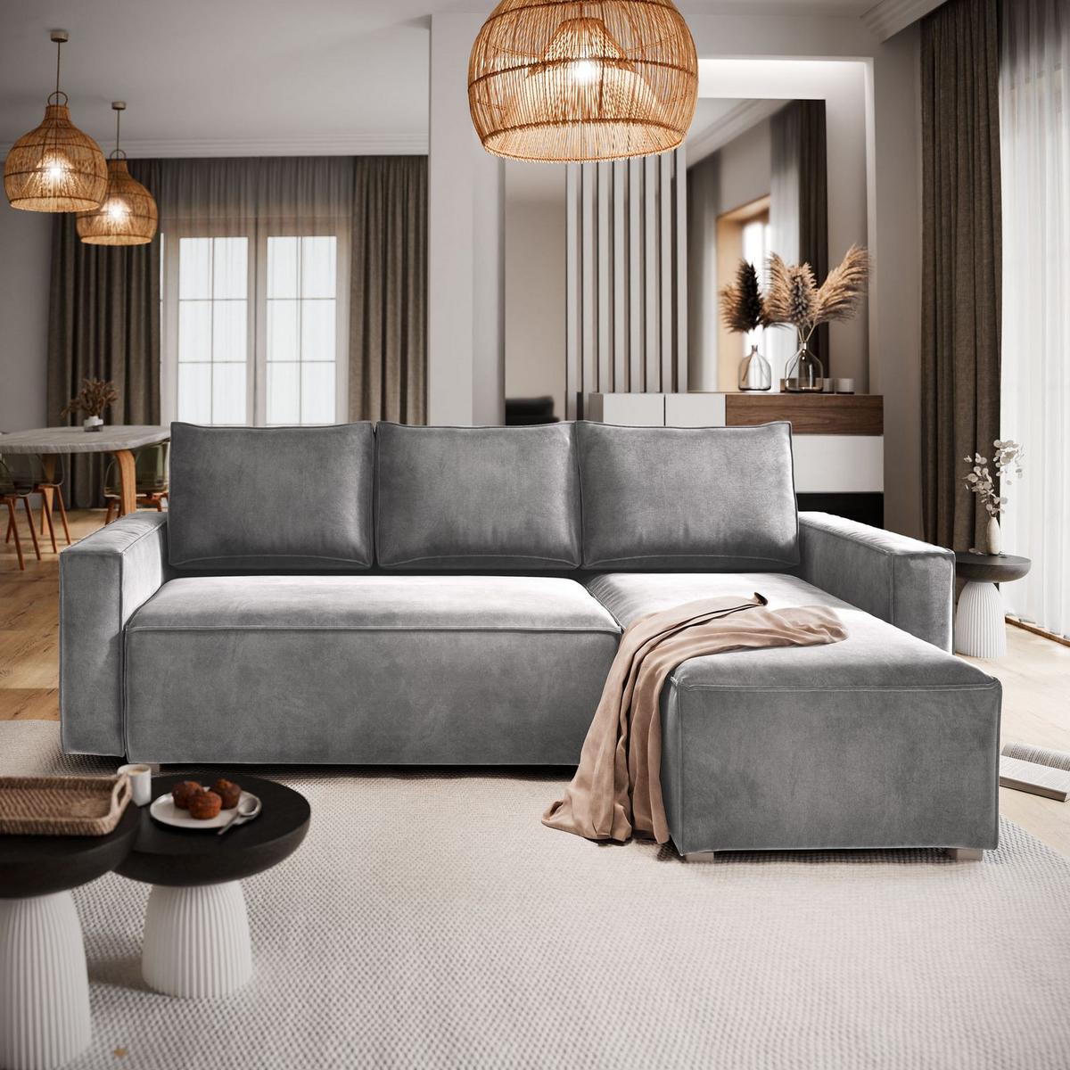 ECKSOFA SILES Hellgrau Velours-Stoff mit Schlaffunktion - Hellgrau/Grau, Holz/Kunststoff (230/140cm) - MASSENO