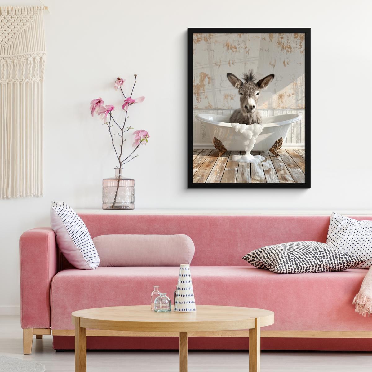 POSTER MIT RAHMEN Esel - Tiere - Badewanne - Schaumstoff Posterleiste 60x80 cm - Weiß, Papier (60/80cm) - MuchoWow