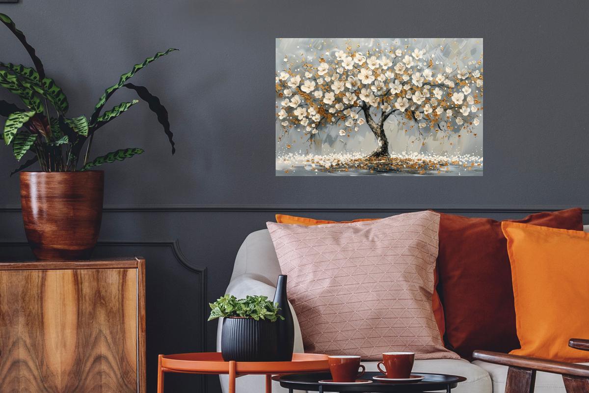 WANDTATTOO Baum - Blumen - Weiß - Natur - Kunst Deko Wohnzimmer 60x40 cm - Weiß, Kunststoff (60/40/0.1cm) - MuchoWow