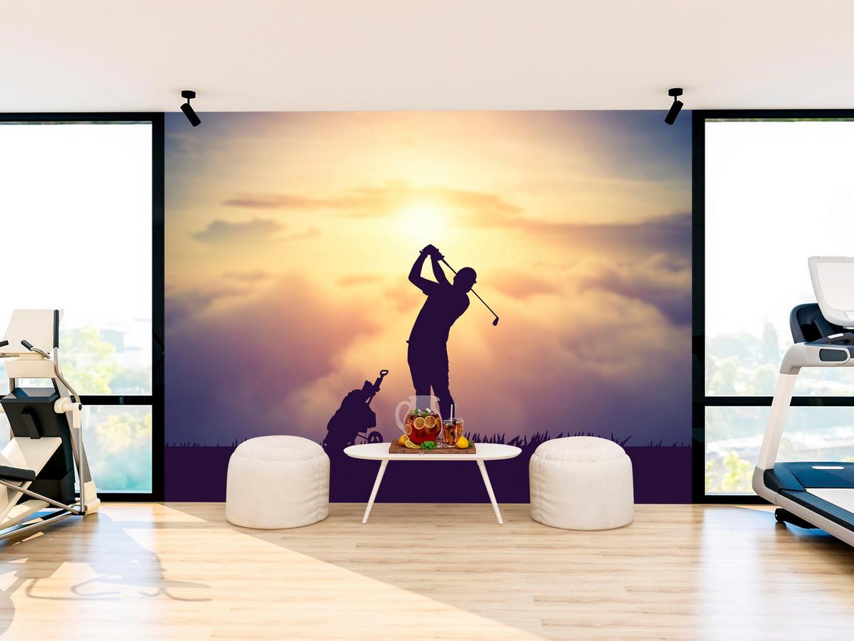 FOTOTAPETE für Jugendzimmer Golfer Sonnenuntergang Silhouette Sport 300x210 - Gelb/Violett, Papier (300/210cm) - Muralo