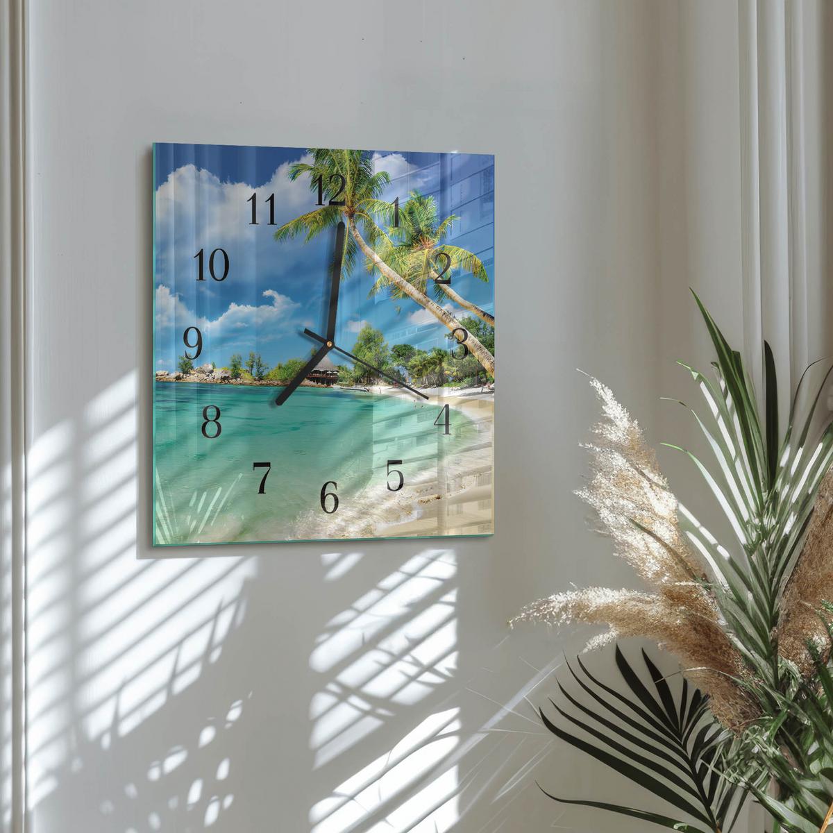 WANDUHR aus Glas 30x30 cm - Strandpalmen - Grün, Glas (30/30/0.4cm) - TULUP