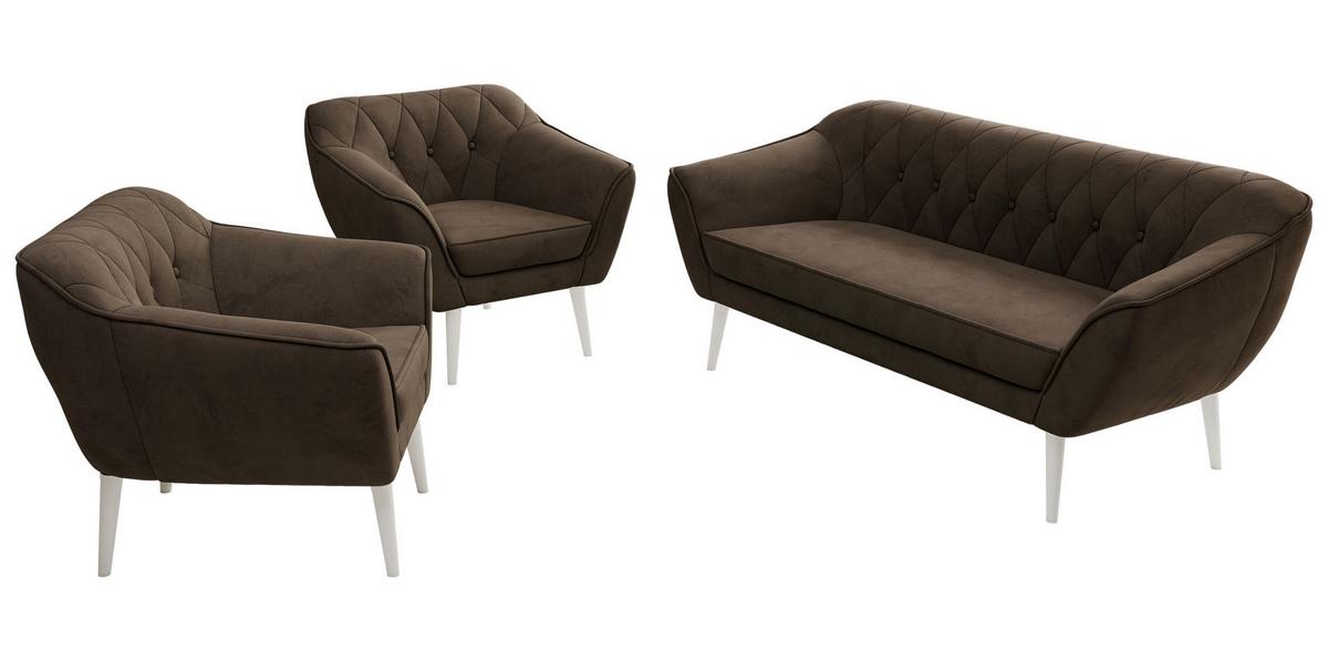 SITZGARNITUR PIRS 3+1+1 - Braun Velvet - Weiße Beine - Dunkelbraun/Braun, Holzwerkstoff/Textil (180/75/74cm) - MKS