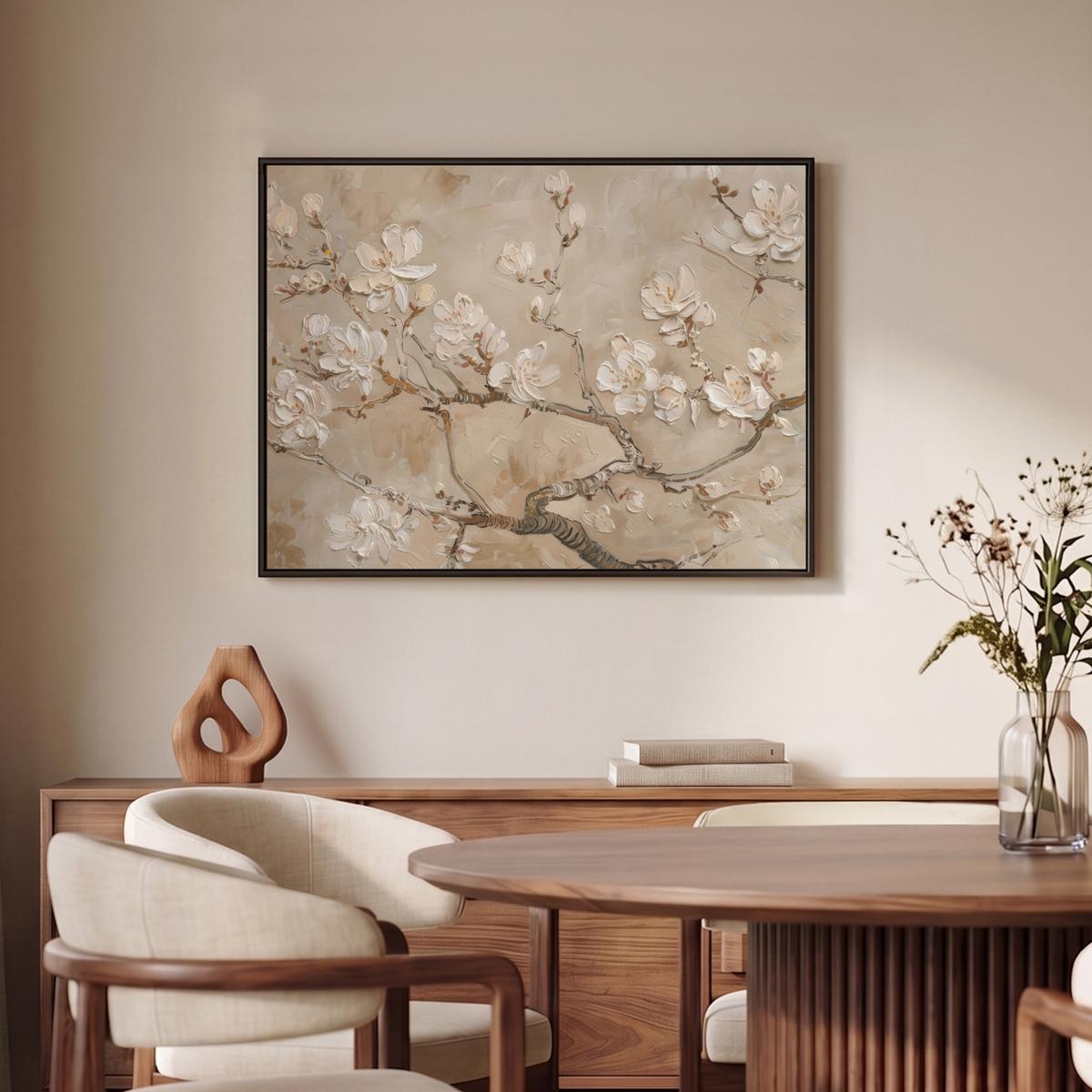LEINWAND Bilder mit Rahmen - Blumen - Modern - Beige - Weiß - Blüte - 70x50 - Beige, Textil (70/50cm) - MuchoWow