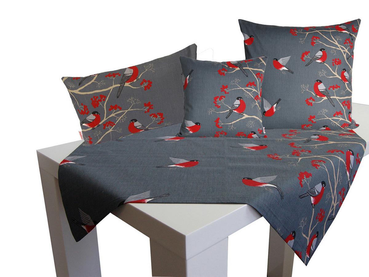 PLATZSET Beeren Vögel Baumwolle stone 45/35 cm - Grau, Textil (35/45cm) - beties Heimtextil