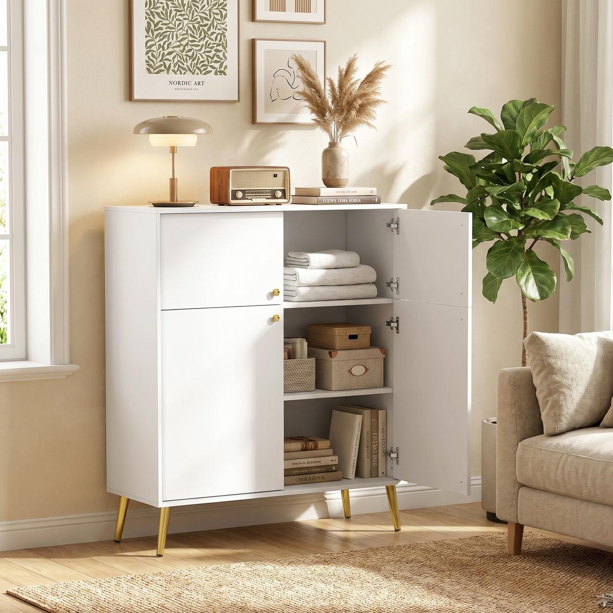 SIDEBOARD Spanplatte Metall Cremeweiß - Goldfarben/Creme, Holzwerkstoff/Metall (40.5/122.4/105.4cm) - HOMCOM