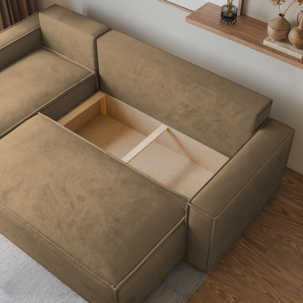 ECKSOFA RAVELO M Beige Velours-Stoff mit Schlaffunktion - Beige/Grau, Holz/Kunststoff (240/140cm) - MASSENO