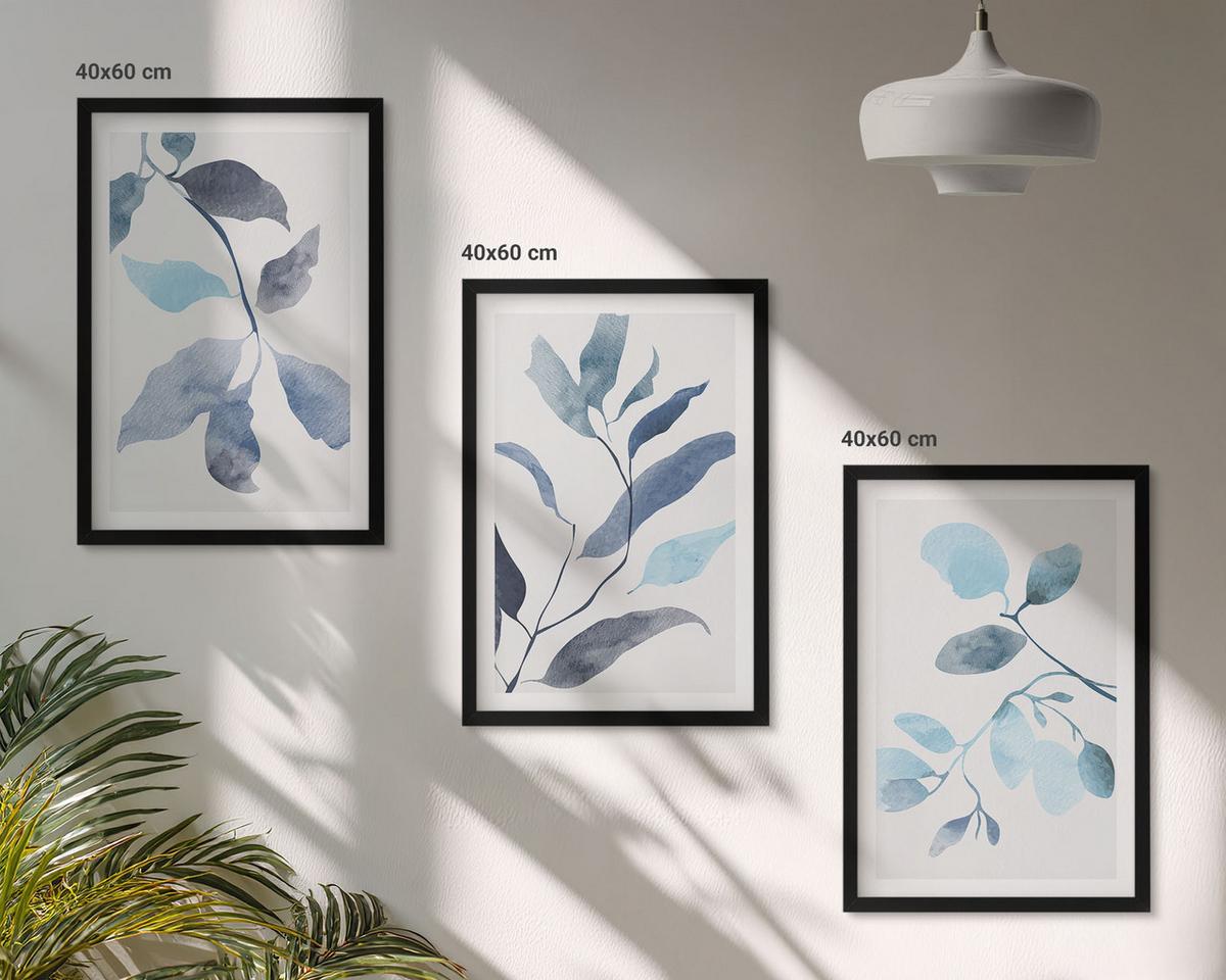 BILDER SET 3er Set - 40x60 cm Schwarzer Rahmen - Aquarell von blauen Blättern - Schwarz, Kunststoff (40/60cm) - TULUP