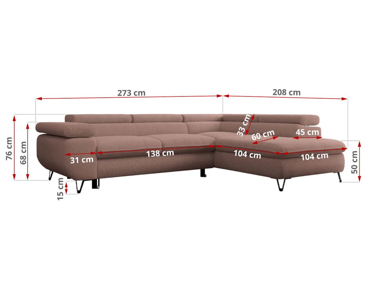 ECKSOFA PETER L Rosa Boucle - Rechts Seite - Schwarz/Rosa, Textil/Metall (273/208cm) - MKS