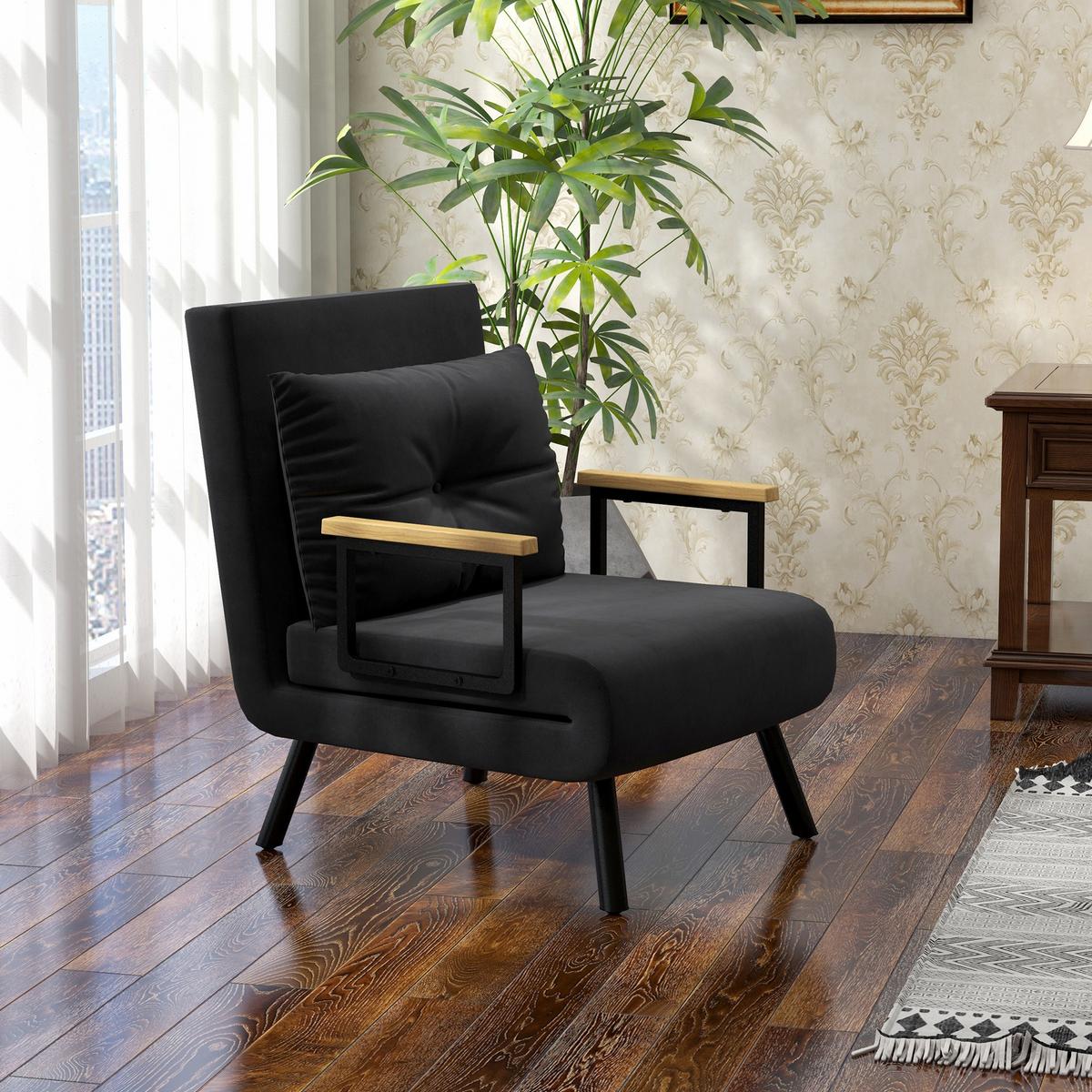 SCHLAFSESSEL, Einzelsofa mit Bettfunktion, Relaxsessel mit Rückenkissen Schwarz - Schwarz/Naturfarben, Holz/Textil (63/81/73cm) - HOMCOM