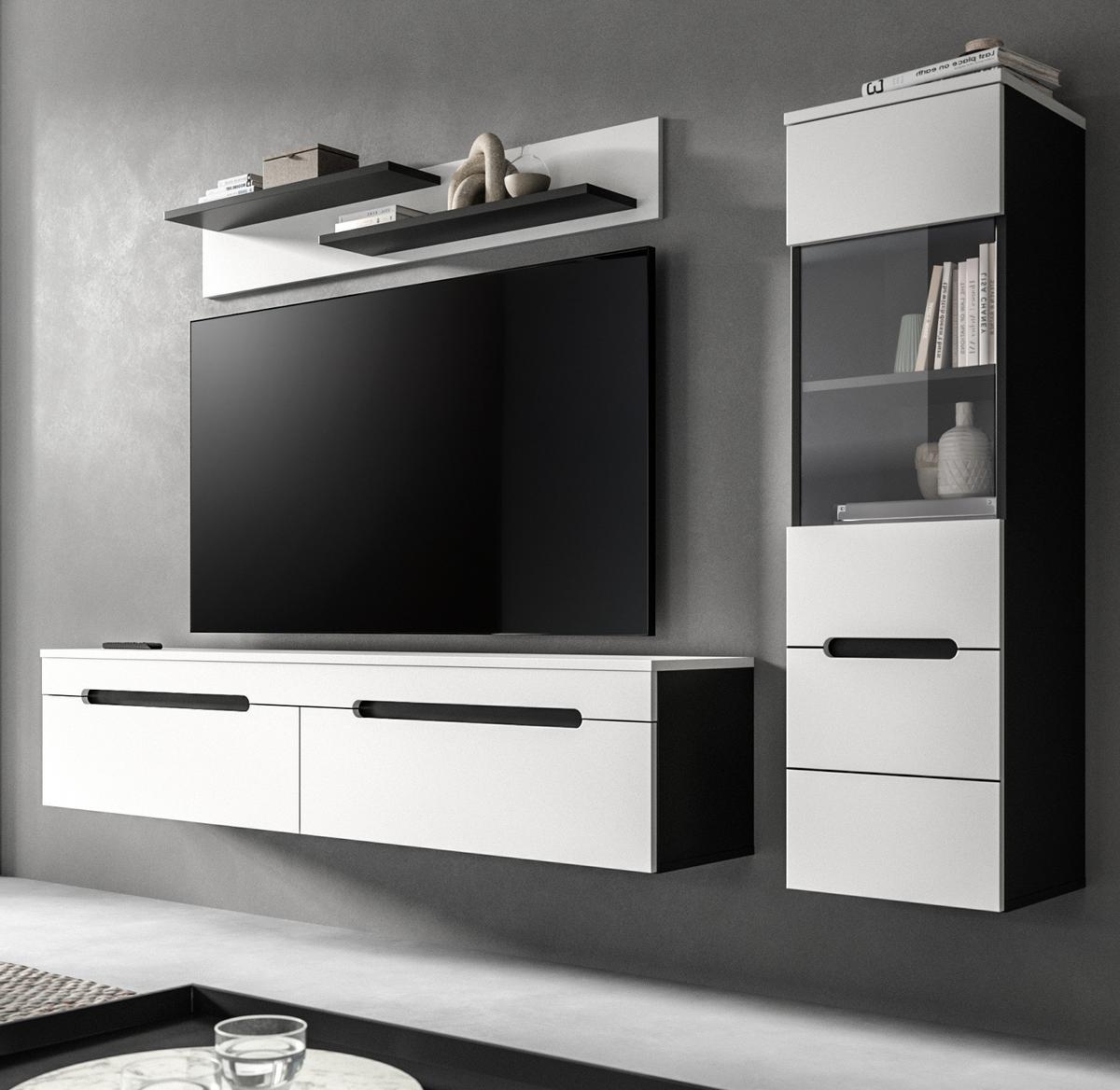 WOHNWAND weiß, grau, Wohnkombination 3-teilig hängend / stehend 221 cm, Cooper - Schwarz/Weiß, Glas/Holzwerkstoff (221/141/33cm)