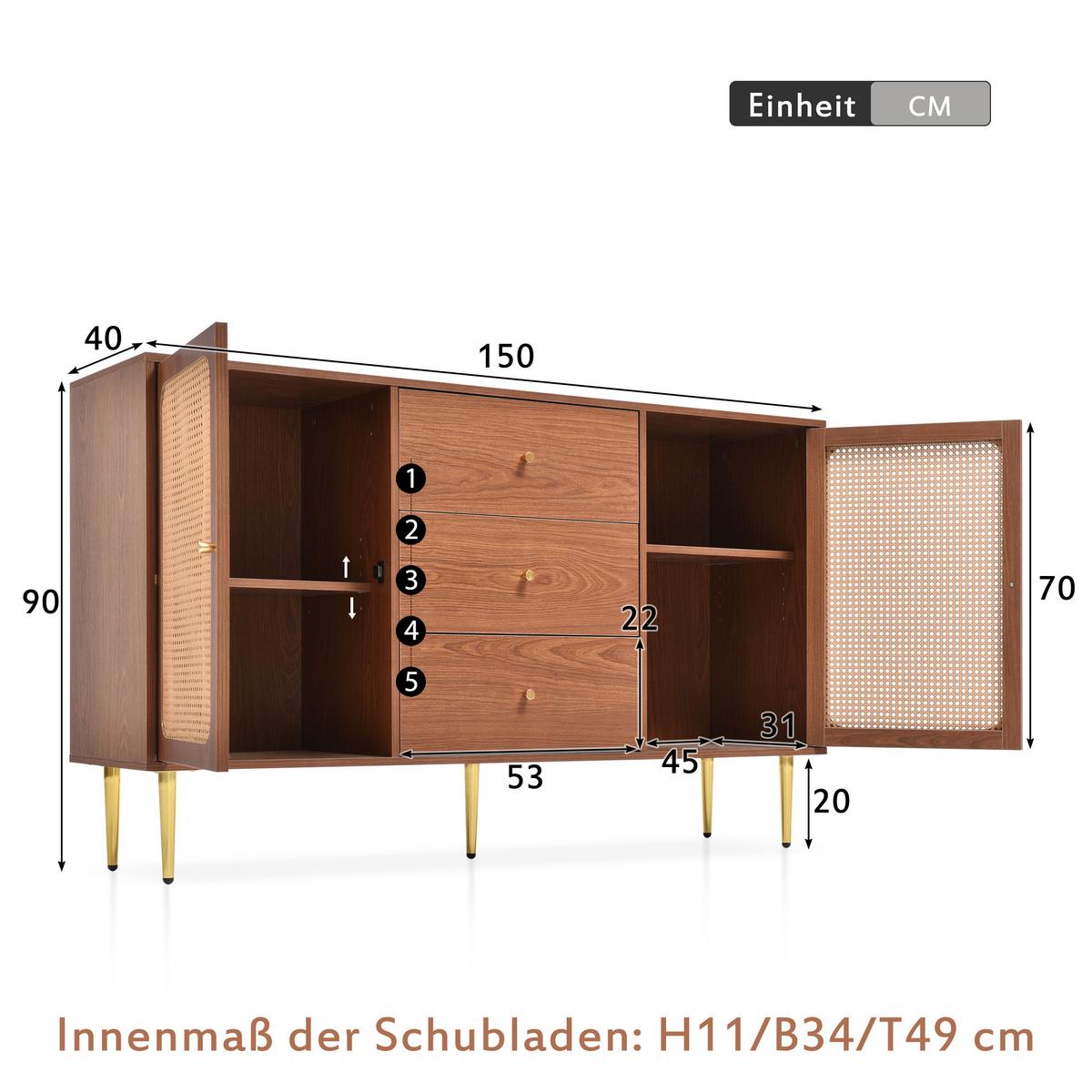 SIDEBOARD mit 2 Türen und 3 Schubladen - Braun, Holzwerkstoff (40/90/150cm) - Urban Meuble