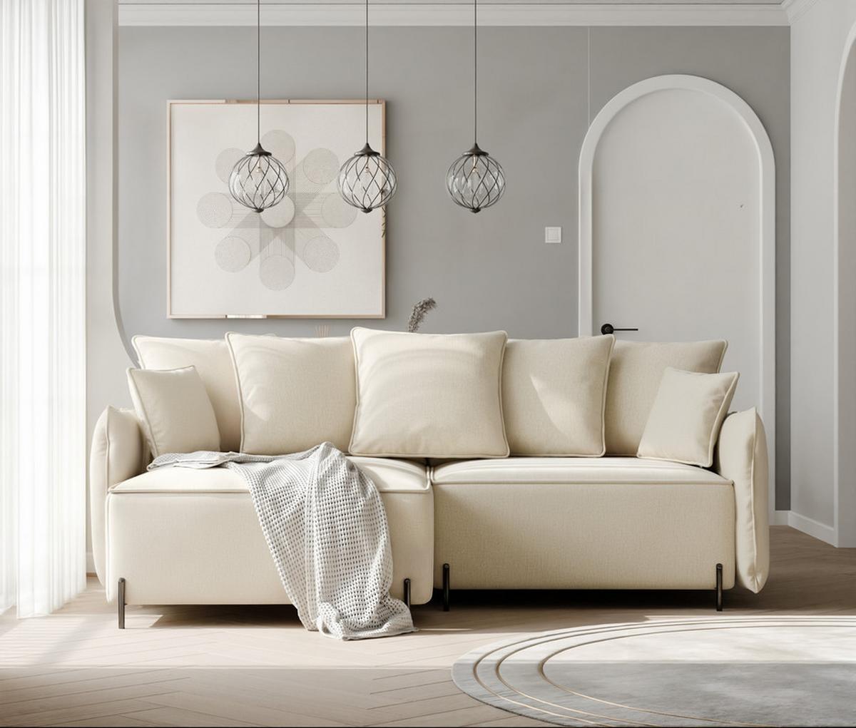 ECKSOFA MARCO Links, mit Schlaffunktion und Bettkasten, Creme - Creme, Textil/Metall (221/148cm) - Idohome