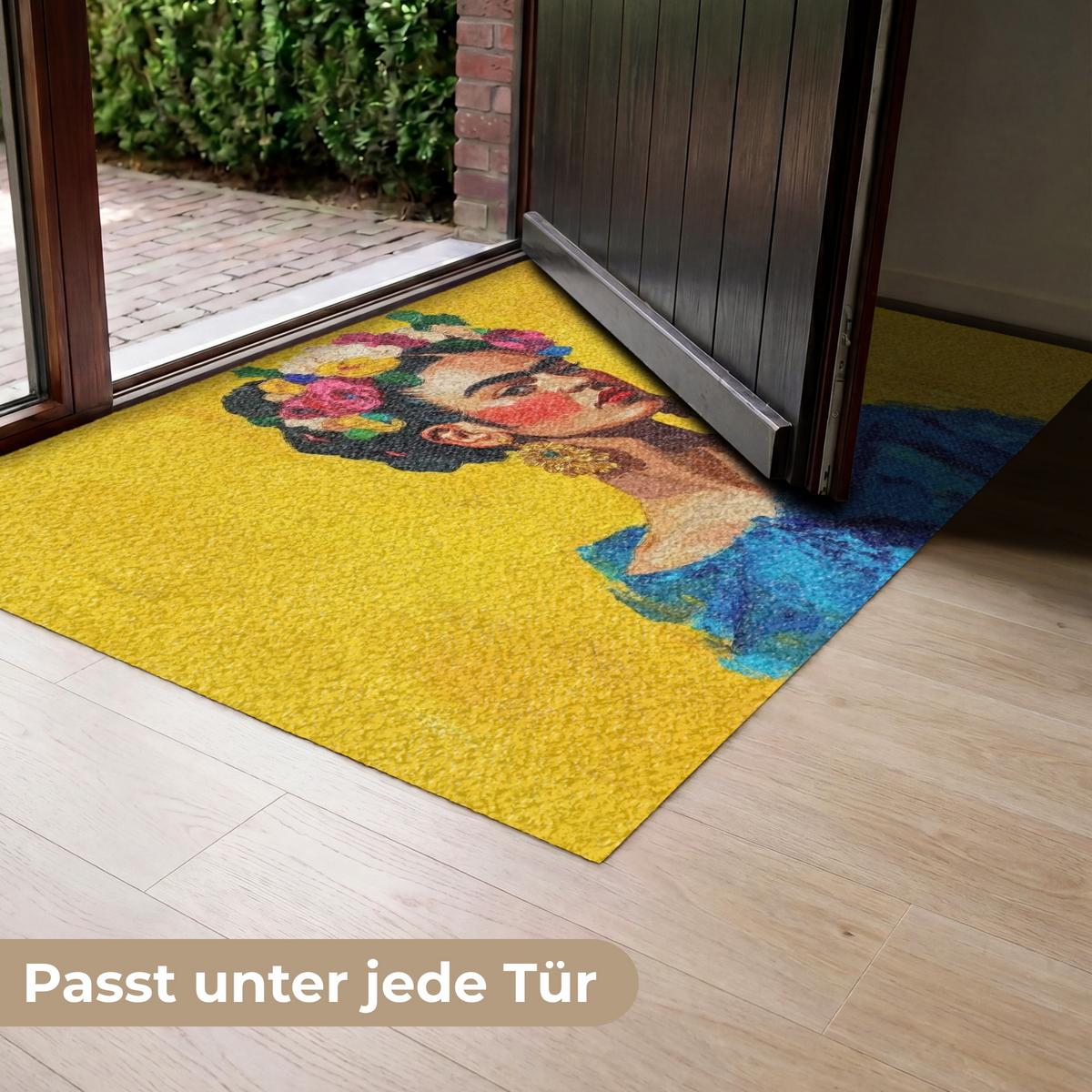 FUSSMATTE Frida Kahlo - Frau - Gelb - Blau - Blumen Schmutzfangmatte 120x80 cm - Gelb, Kunststoff (120/0.4cm) - MuchoWow