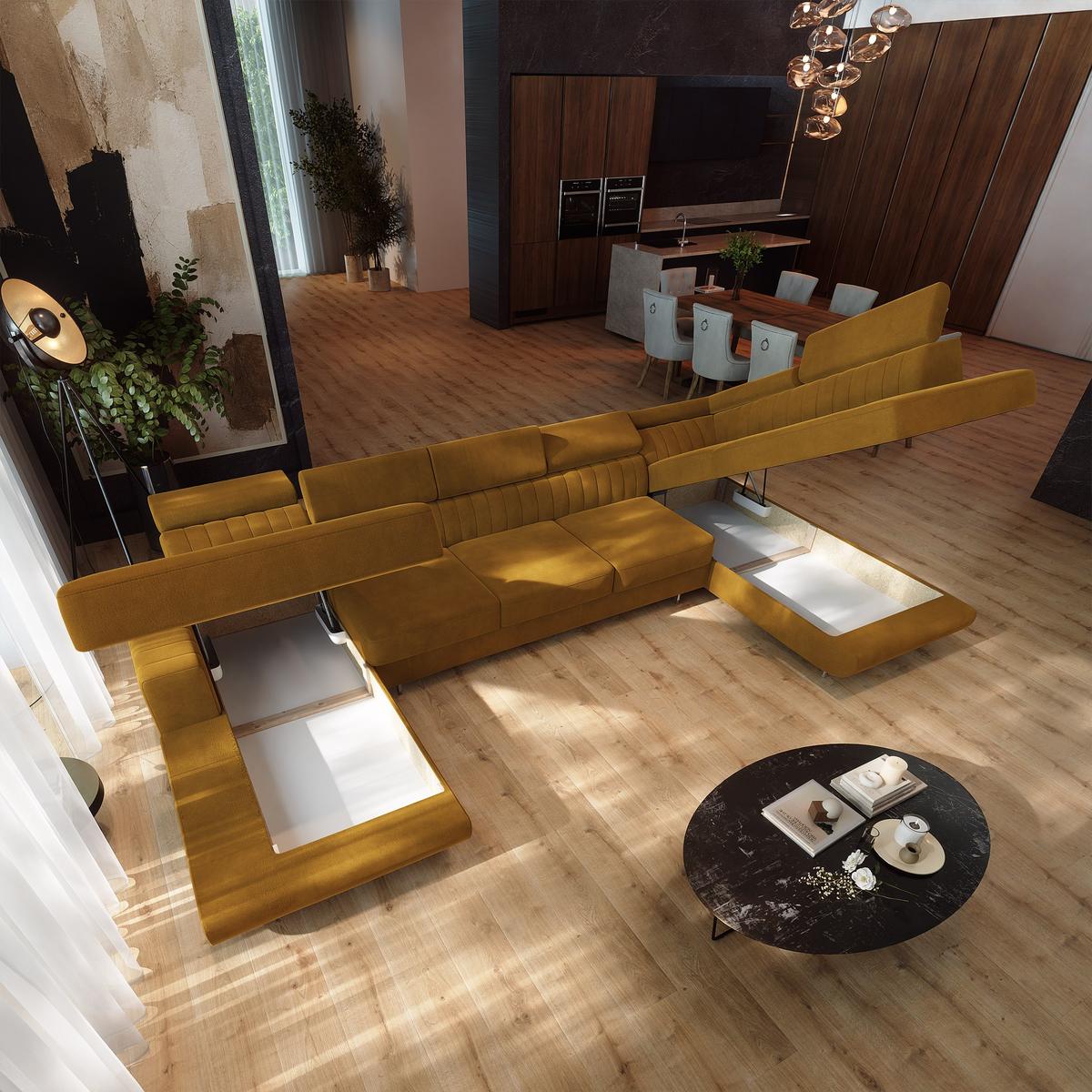 WOHNLANDSCHAFT GAIAN Gelb Velours-Stoff mit Schlaffunktion - Gelb, Holz (412/88/190cm) - MASSENO