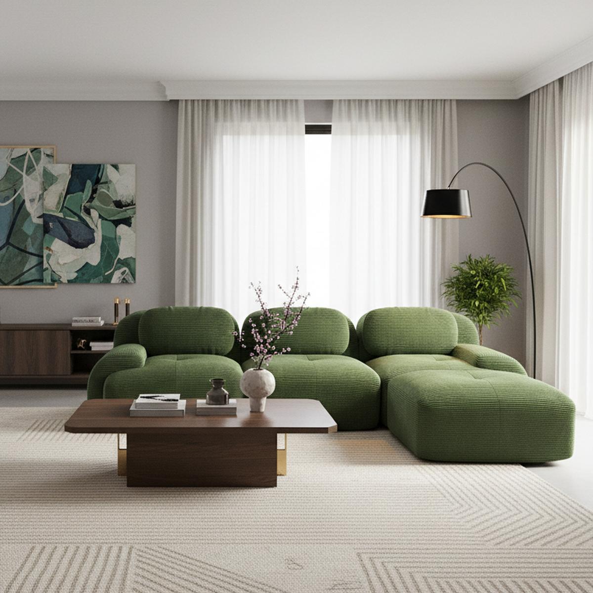 ECKSOFA 3-Sitzer in Premium-Cord Montagefrei & Rutschfest - Grün, Textil (298/178cm) - Urban Meuble