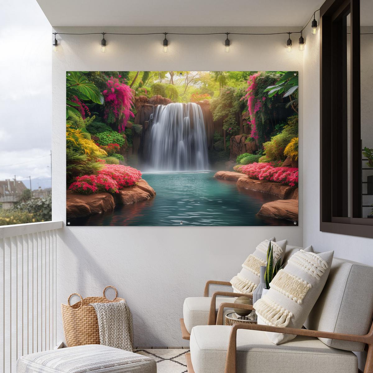 GARTENPOSTER Wasserfall - Natur - Pflanzen - Dschungel - Wasser Poster für draußen 180x120 cm - Grün, Kunststoff (180/120/0.2cm) - OnlyWow