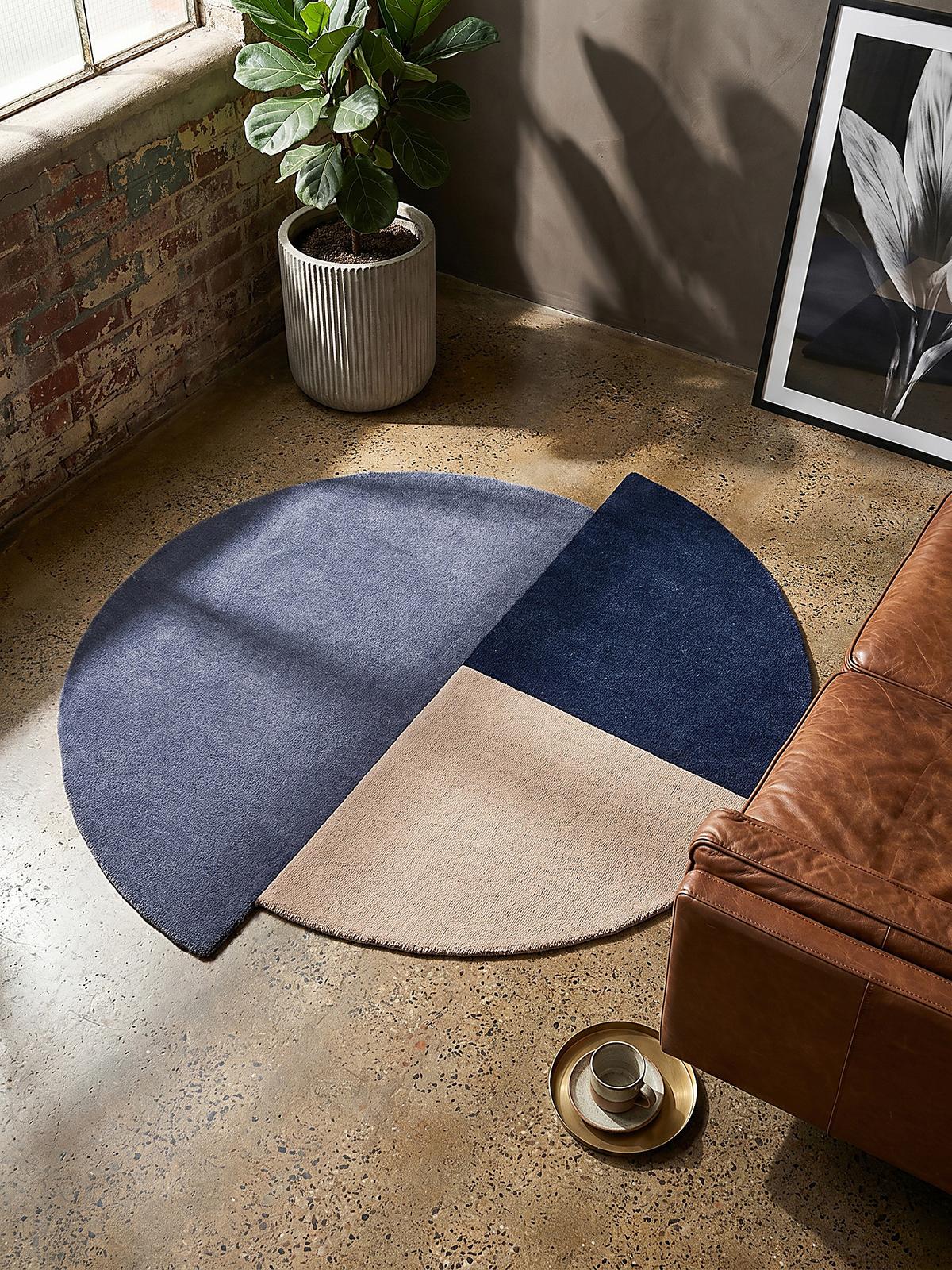 WOLLTEPPICH HALLEIN, geometrisch, Blau-Beige, Ø 150 cm - Blau, Textil (150/150cm) - KADIMA DESIGN