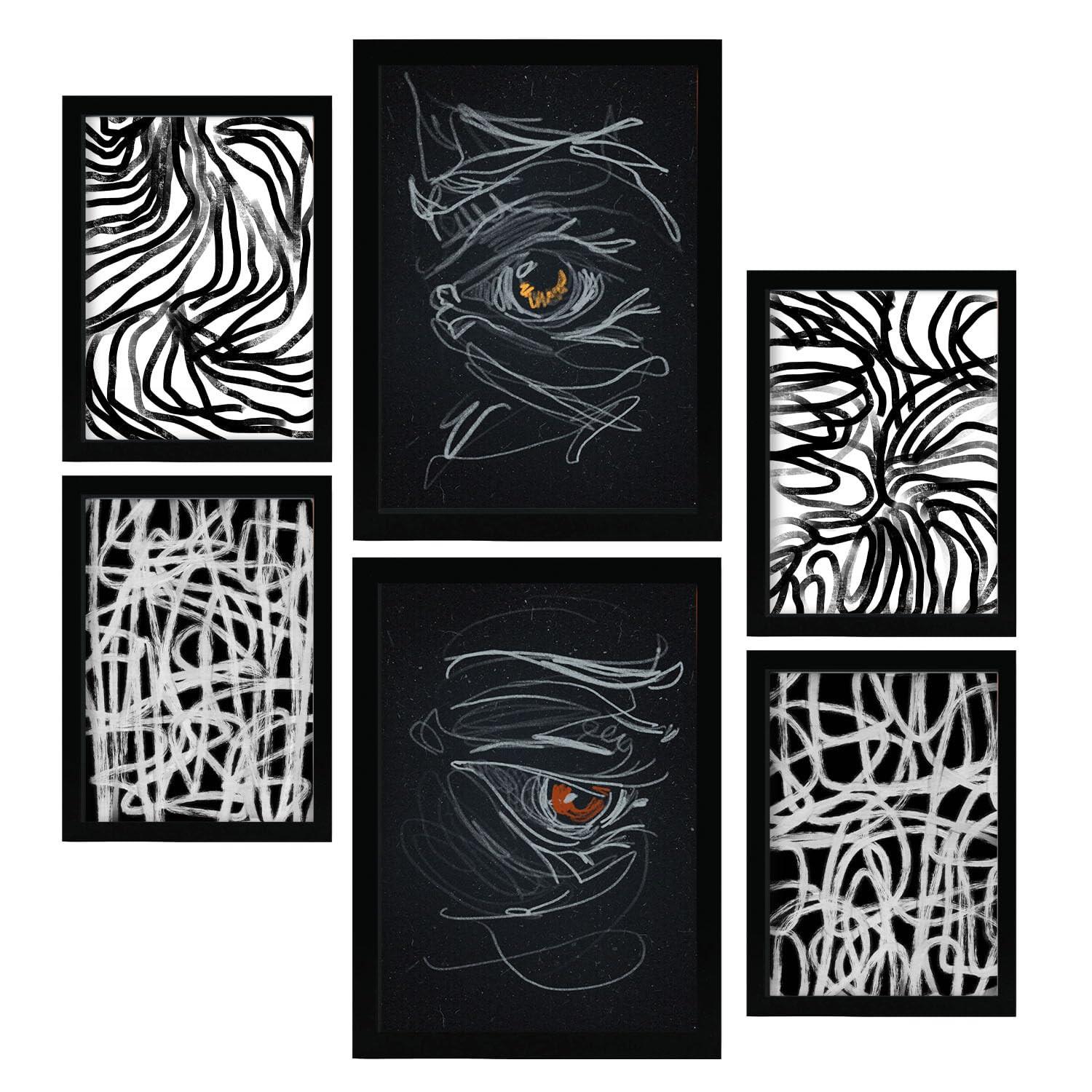 POSTER Set Mit 6 Rasende Striche In Liebhaber Abstrakt A3 & A4 Schwarzer Rahmen - Schwarz, Papier (29/3cm) - Nacnic