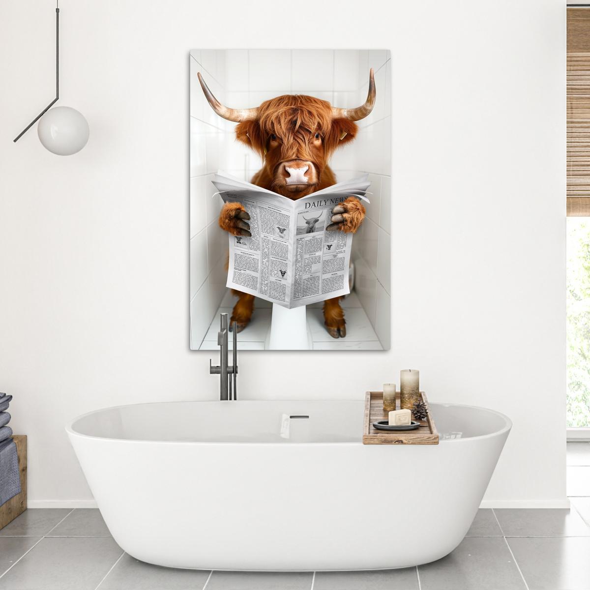 LEINWANDBILD Schottischer Highlander - Tier - Zeitung - Toilette Deko XXL 80x120 cm - Kastanienfarben, Textil (80/120cm) - MuchoWow