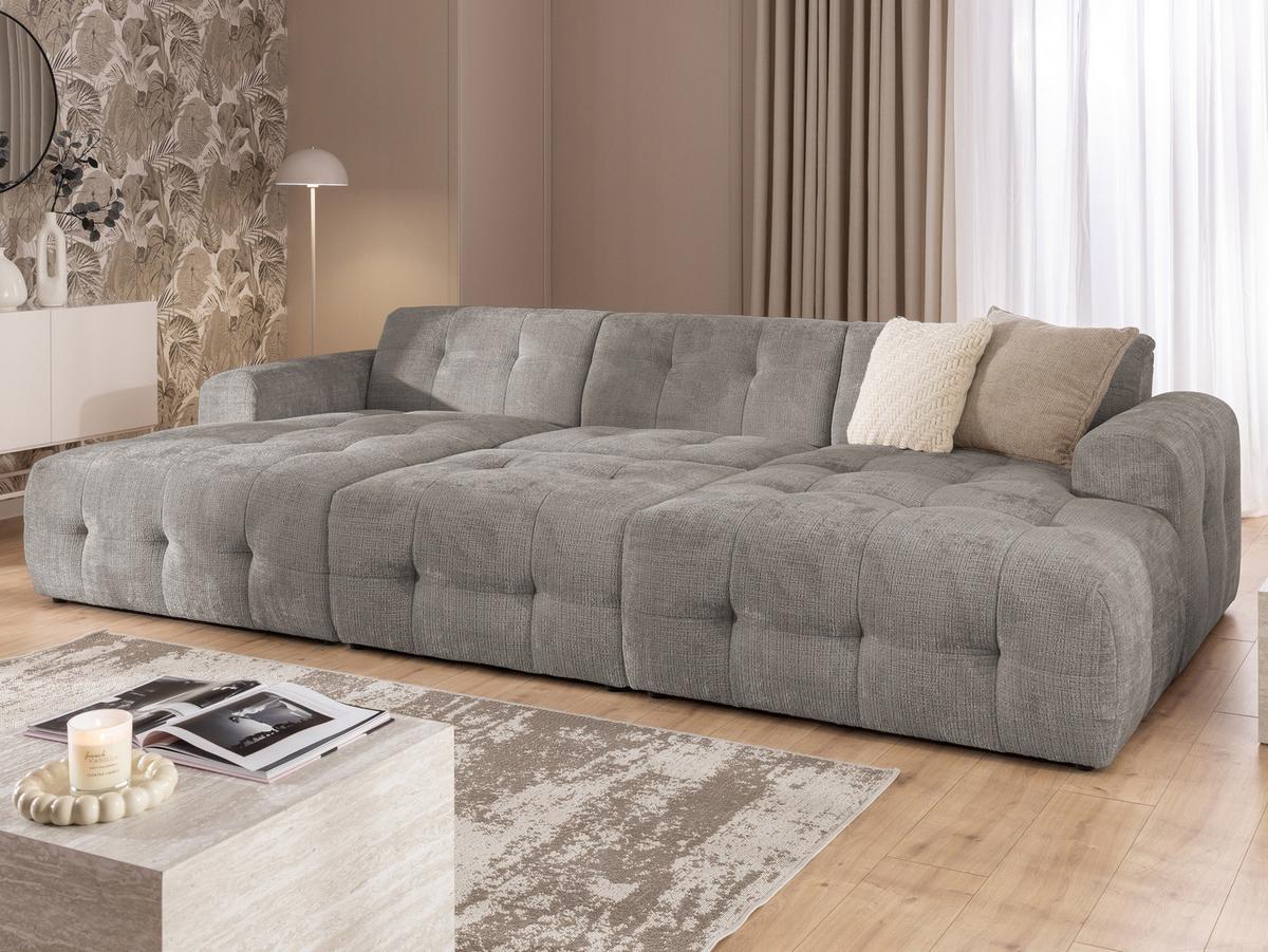 WOHNLANDSCHAFT inkl. Hocker Kozy im Bumpy-Design mit Schlaffunktion und fester Rückenlehne aus weichem Taupe Chenille-Stoff - Taupe/Schwarz, Holz/Kunststoff (323/79/161cm) - S-Style